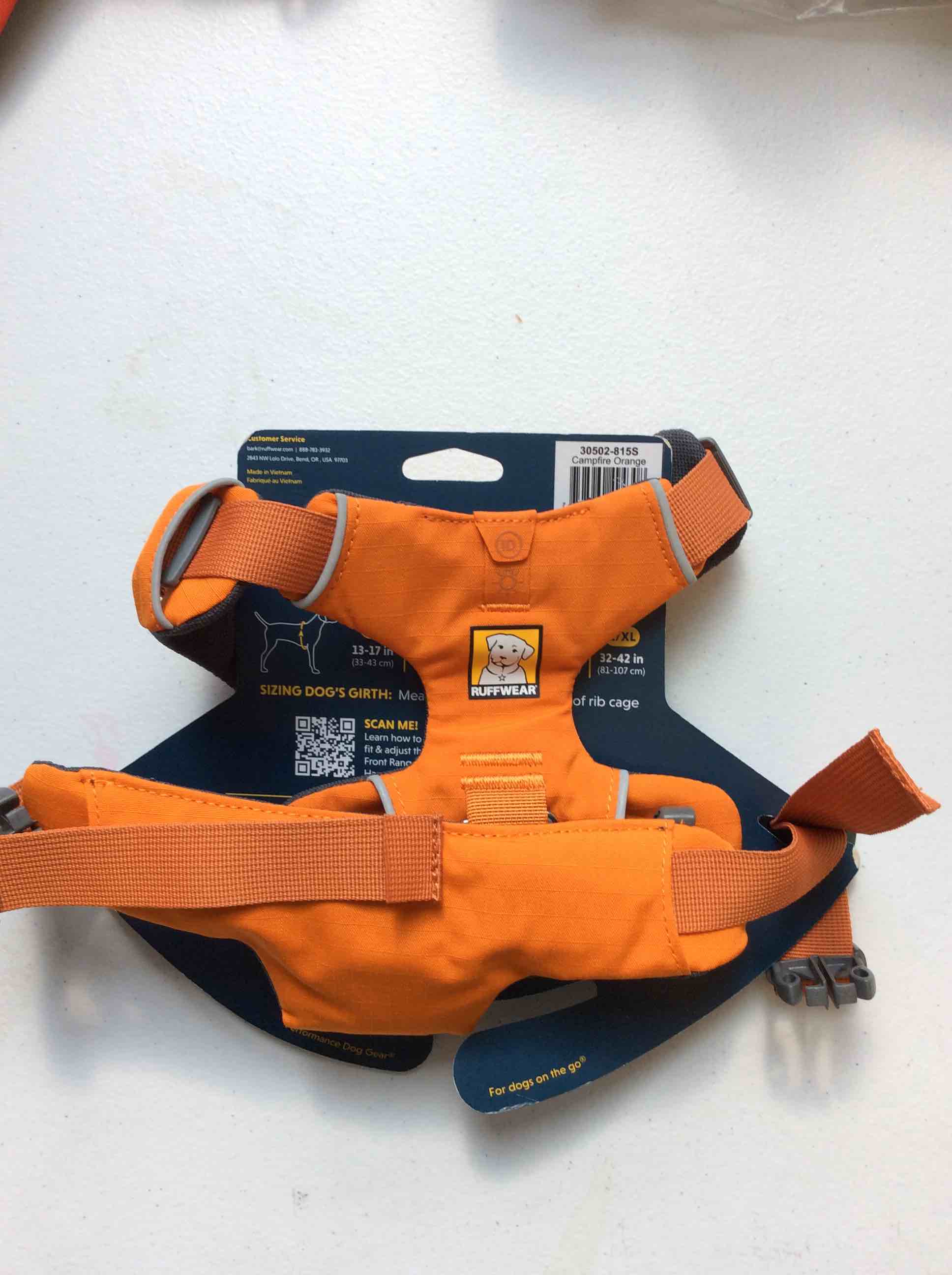 Condition photo showing New/Like New for ruffwear, front range dog harness, reflective and padded harness for training and everyday, campfire orange, small