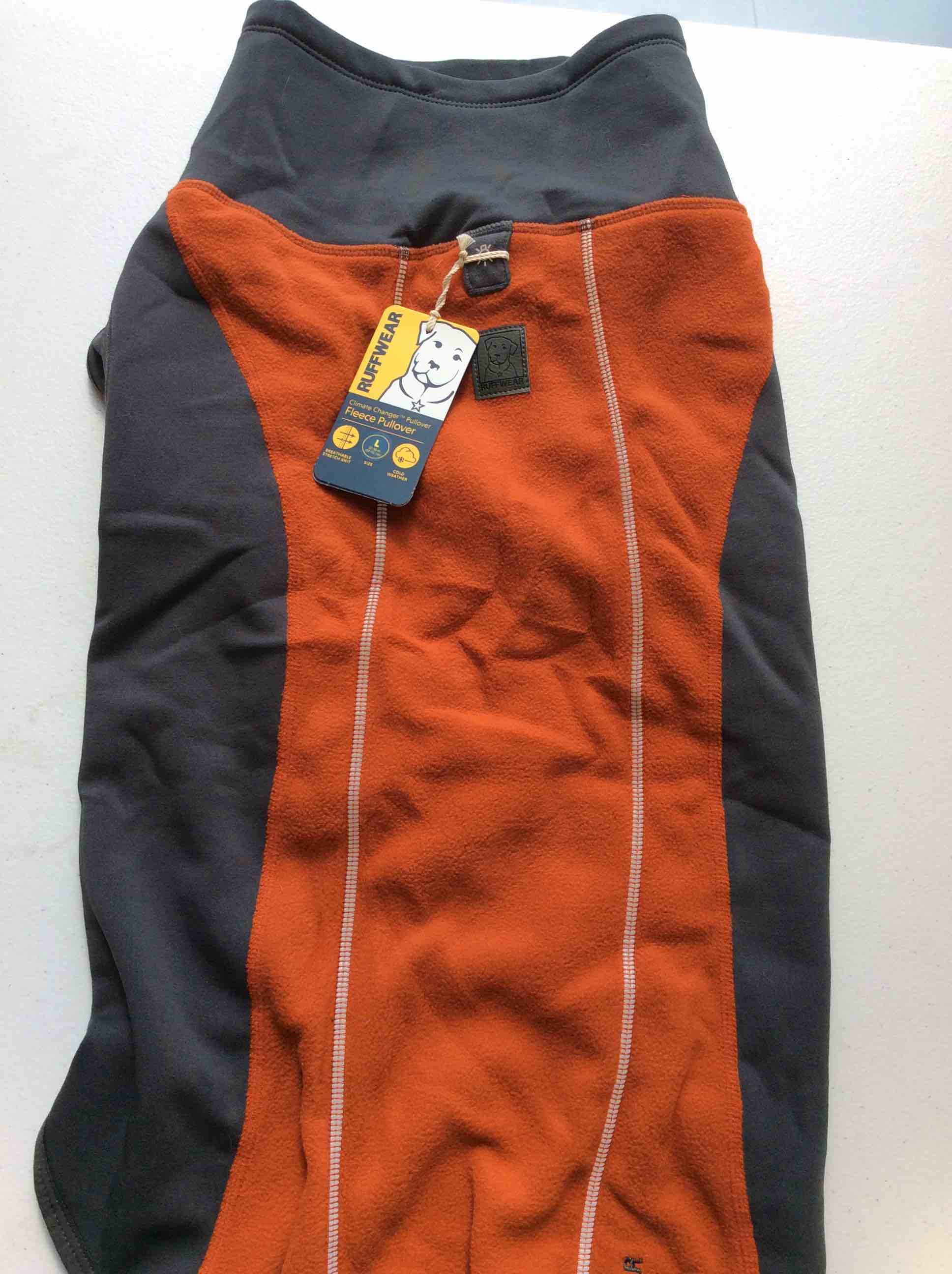 Condition photo showing New/Like New for ruffwear, climate changer pullover cold weather fleece sweater for dogs, canyonlands orange, large
