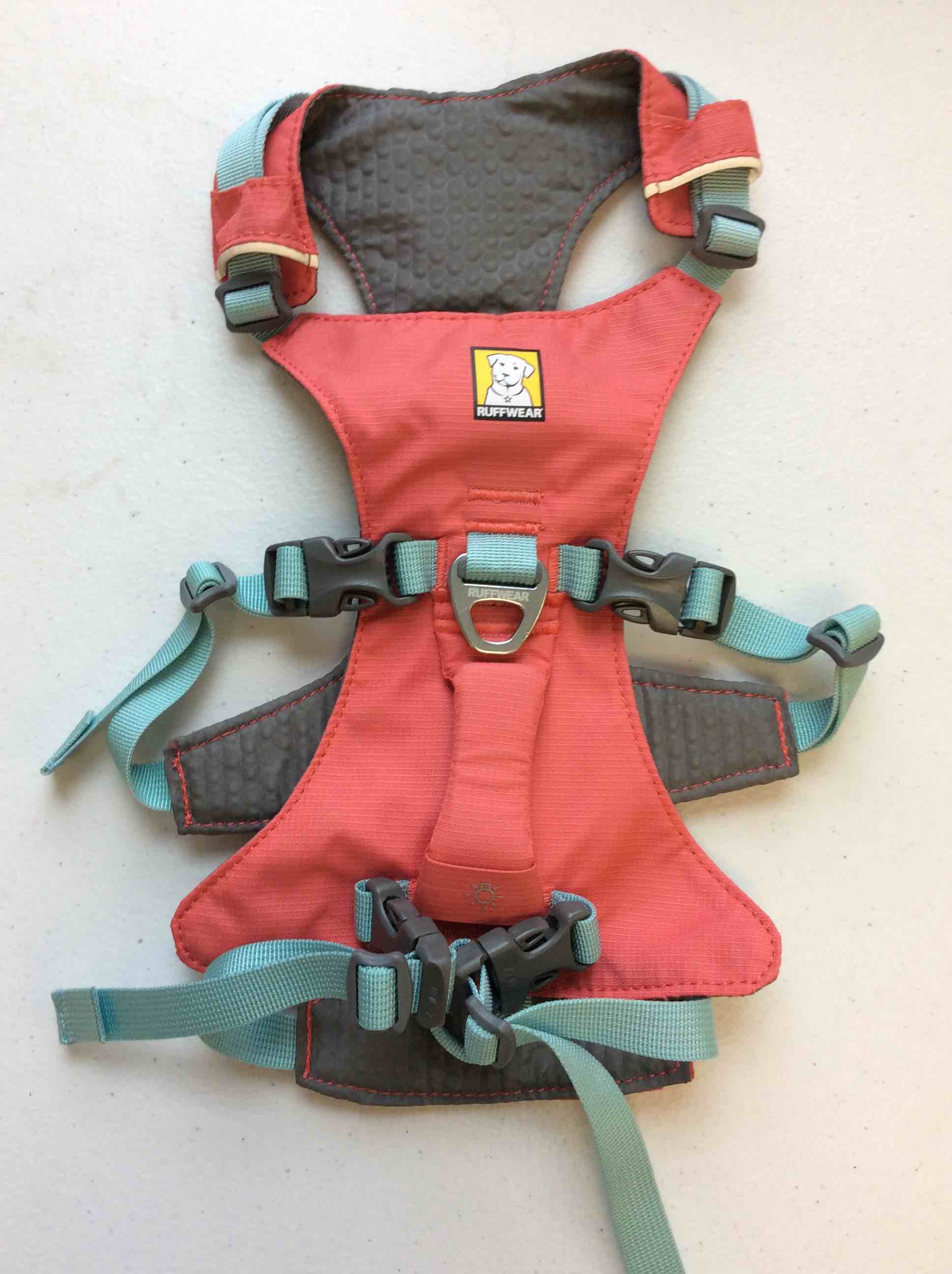 Condition photo showing New/Like New for ruffwear dog harness pink and blue x-small