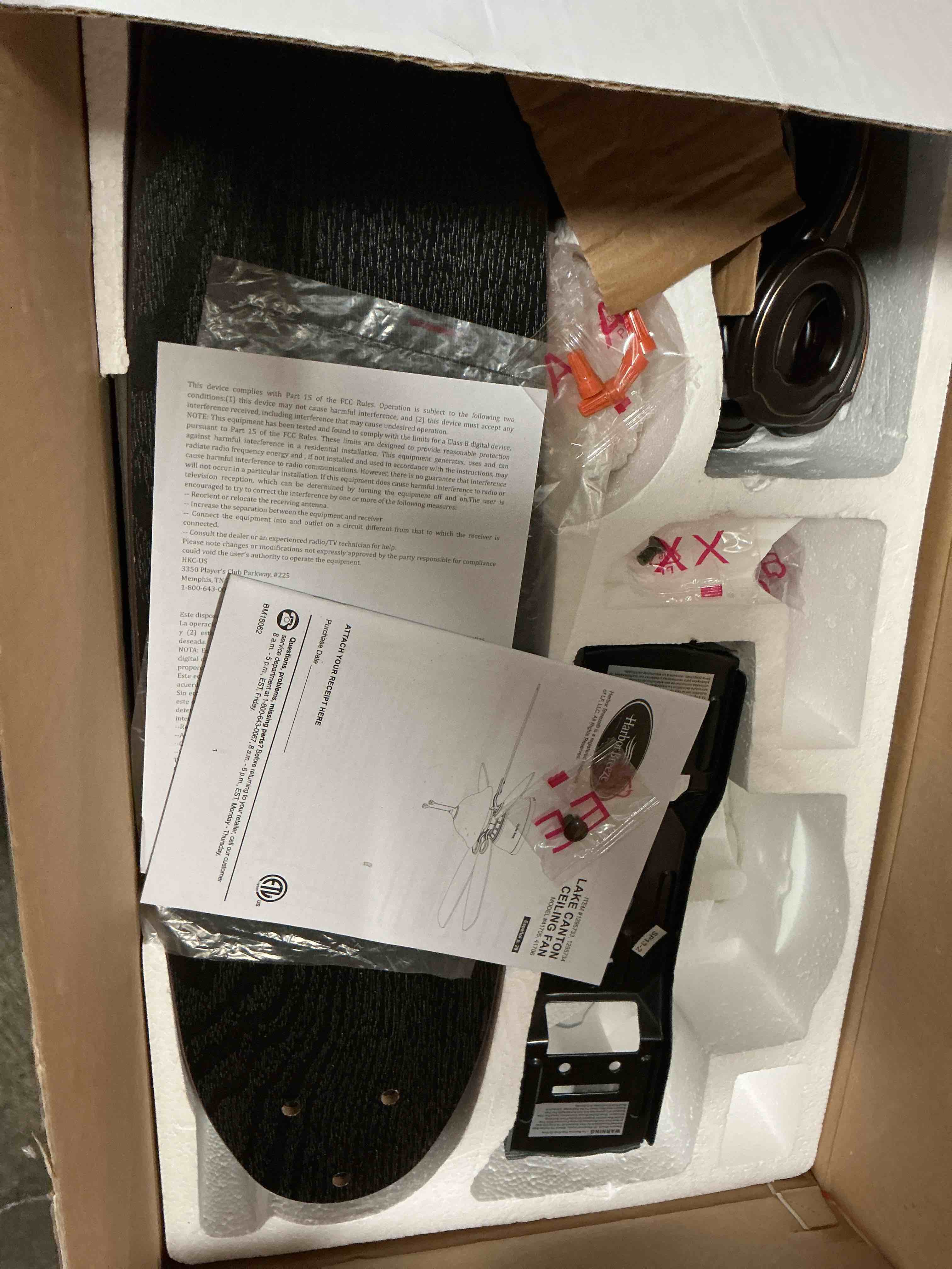 Condition photo showing As Is for harbor breeze lake canton 52-in bronze with mink/espresso blades flush mount ceiling fan