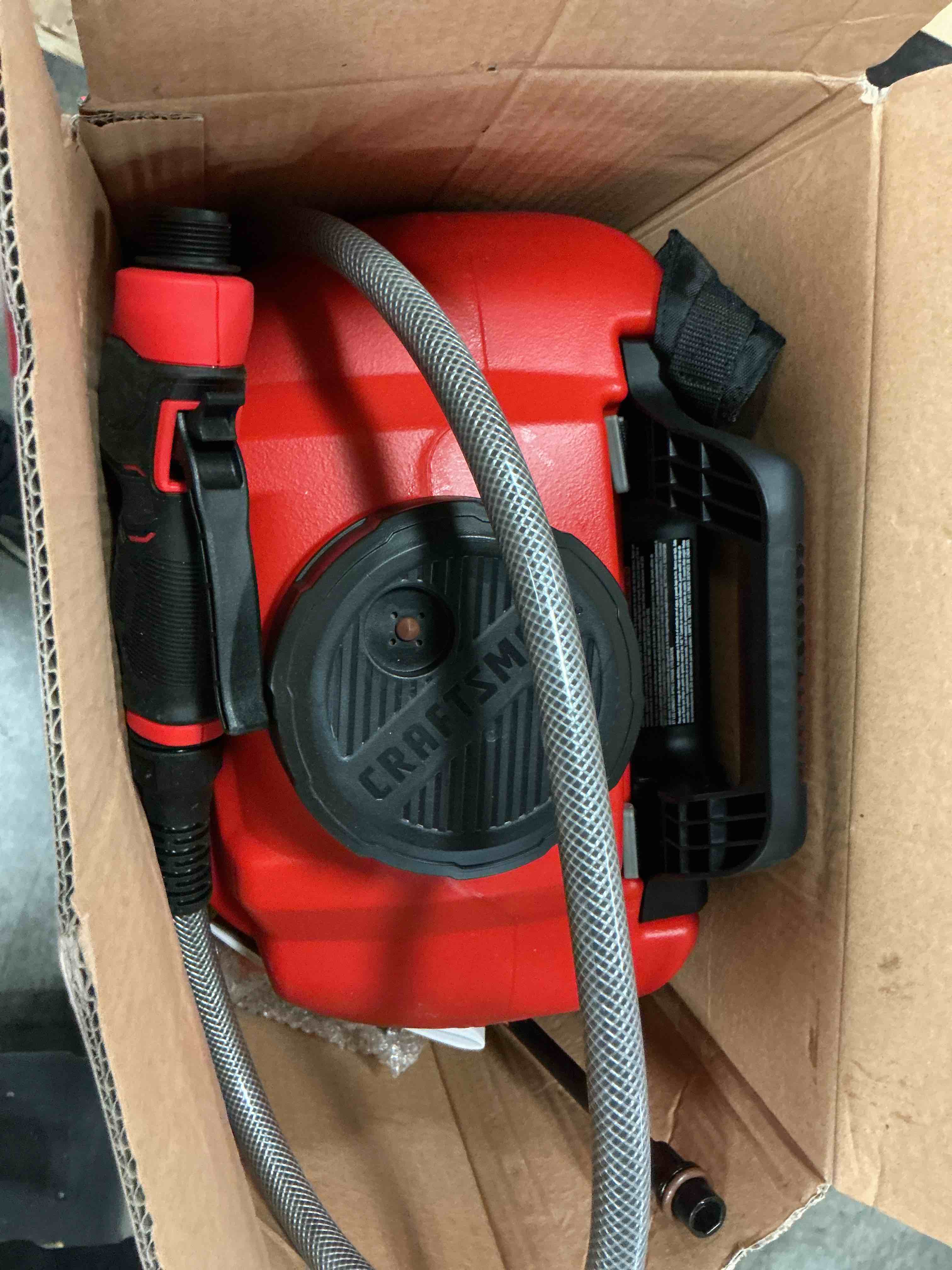 Condition photo showing As Is for craftsman 20v* lithium-ion battery powered 4 gallon backpack sprayer