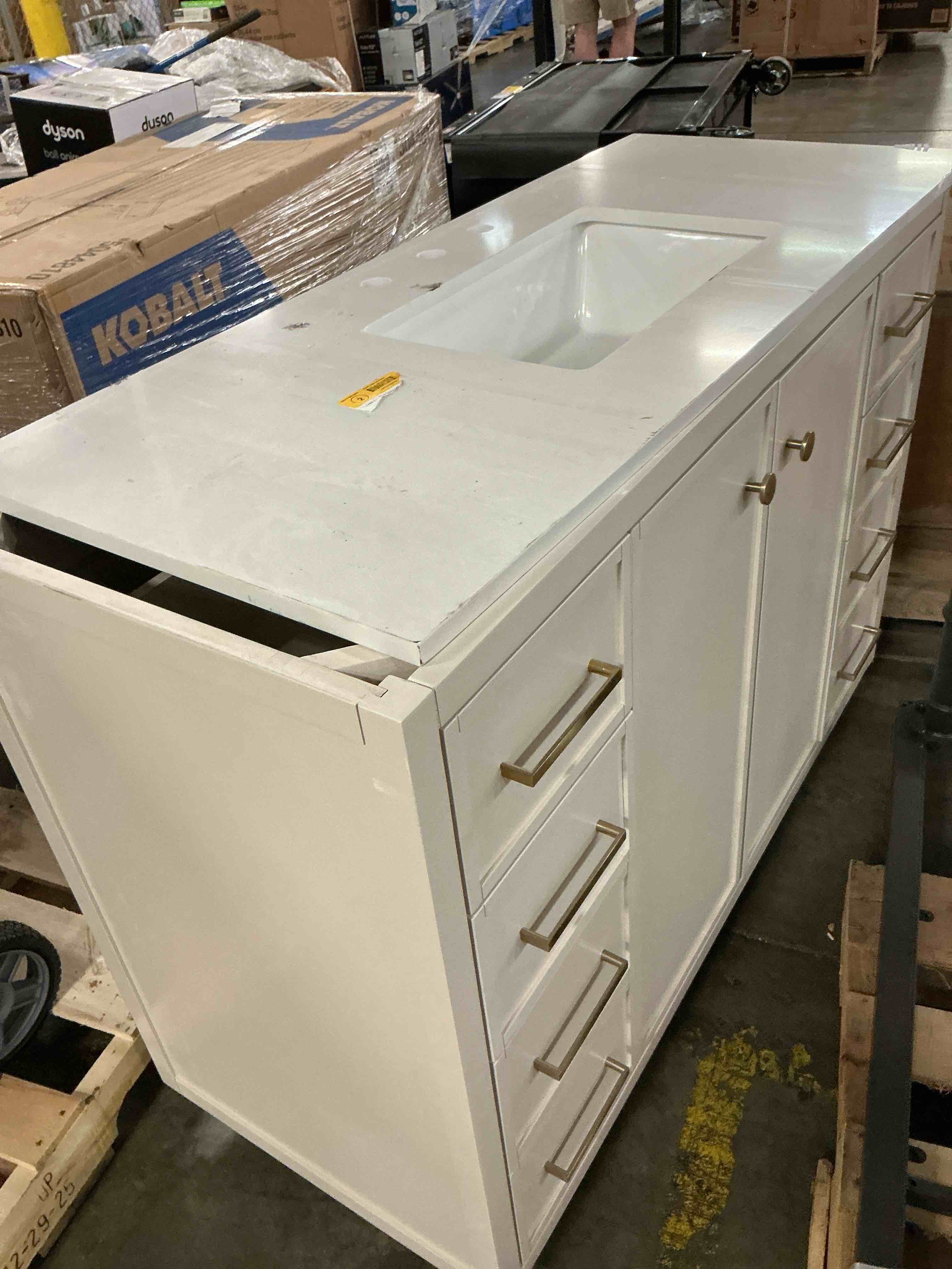 Condition photo showing As Is for solid wood single bathroom vanity