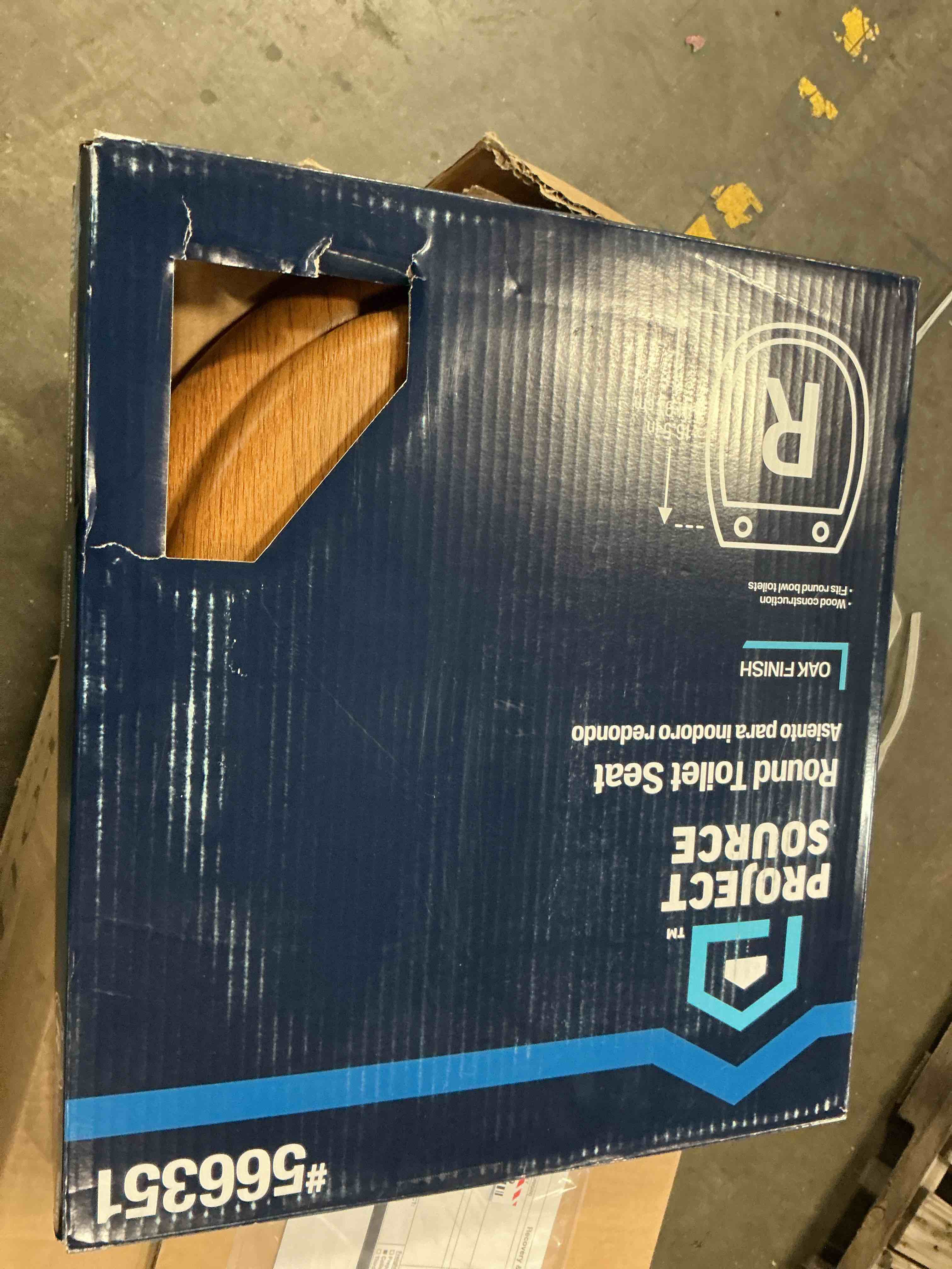 Condition photo showing As Is for project source wood oak veneer round toilet seat