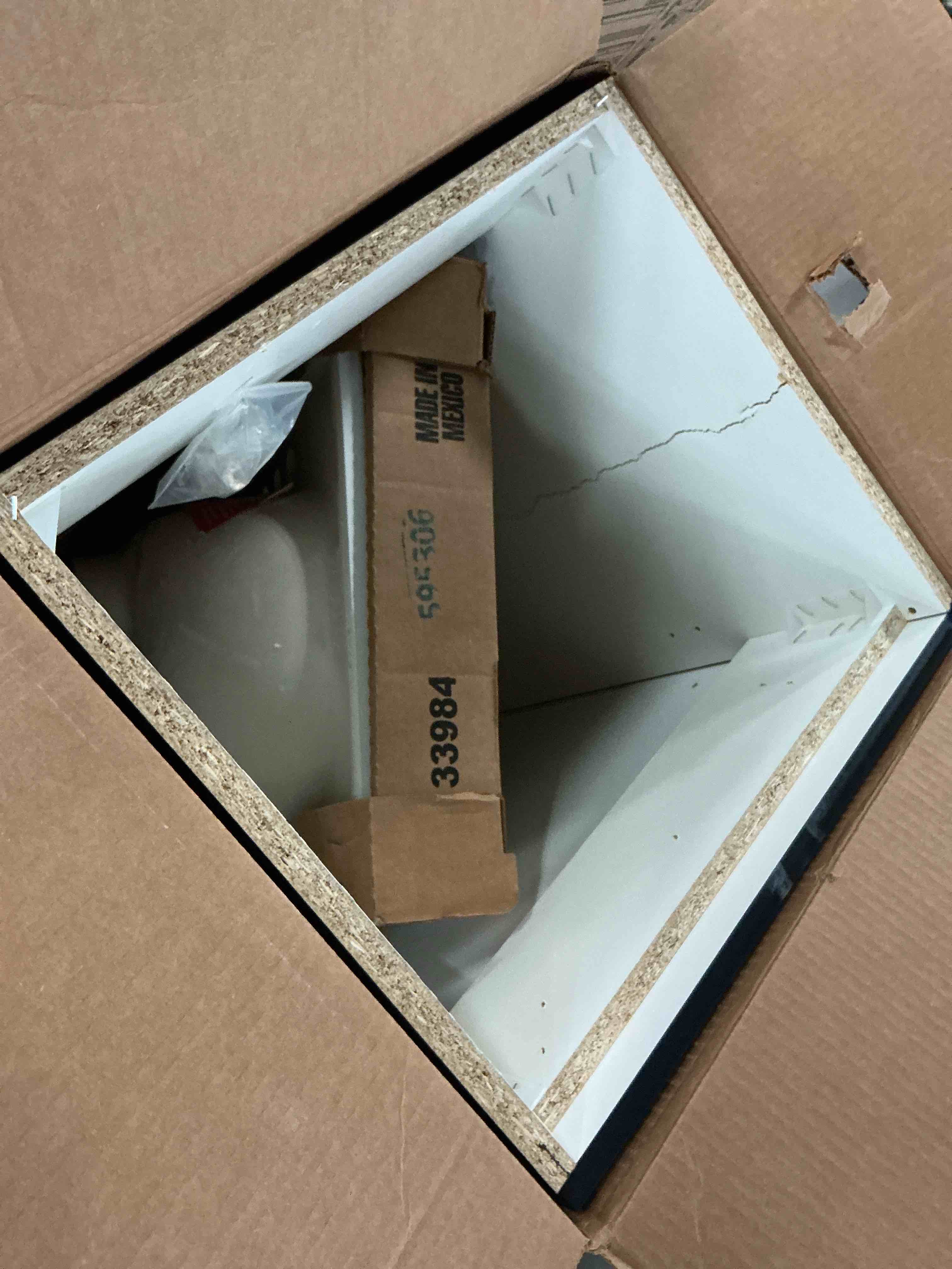 Condition photo showing As Is for project source dover 18-in navy blue single sink bathroom vanity with white top