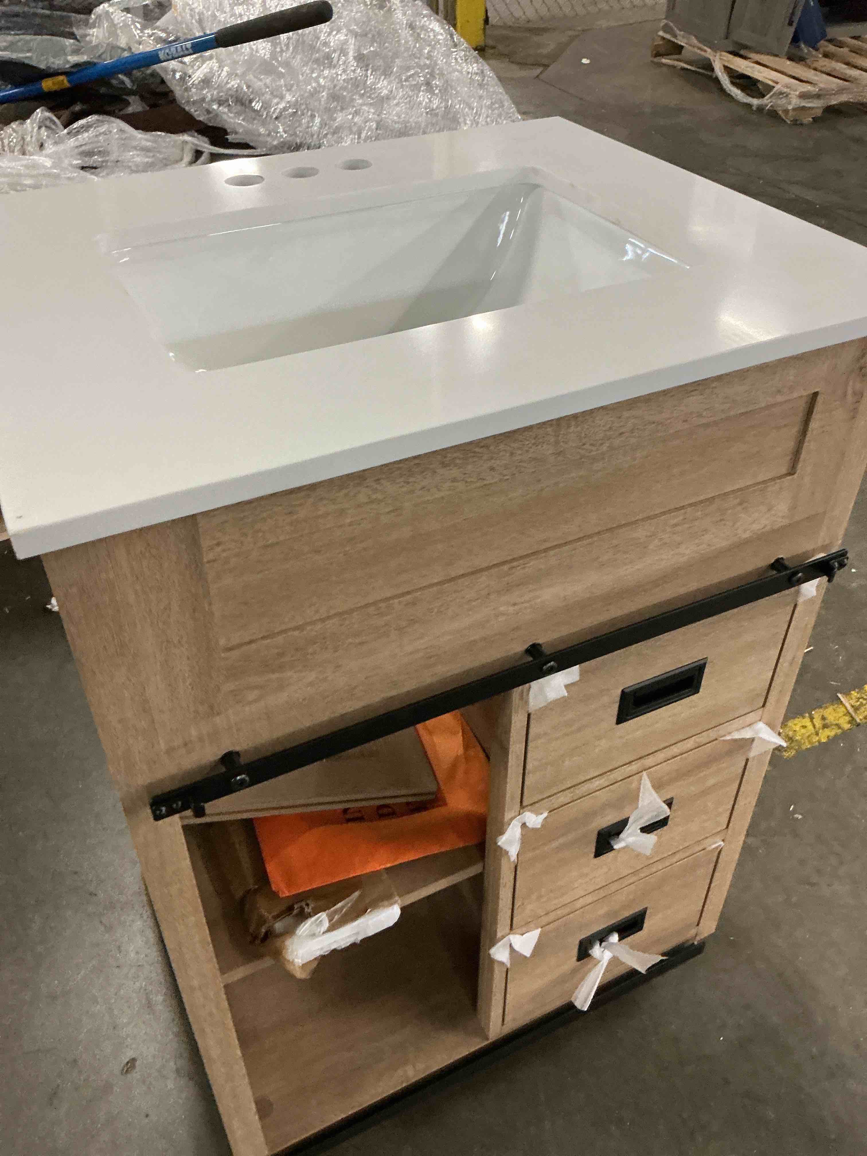 Condition photo showing As Is for style selections morriston 24-in light natural oak undermount single sink bathroom vanity with