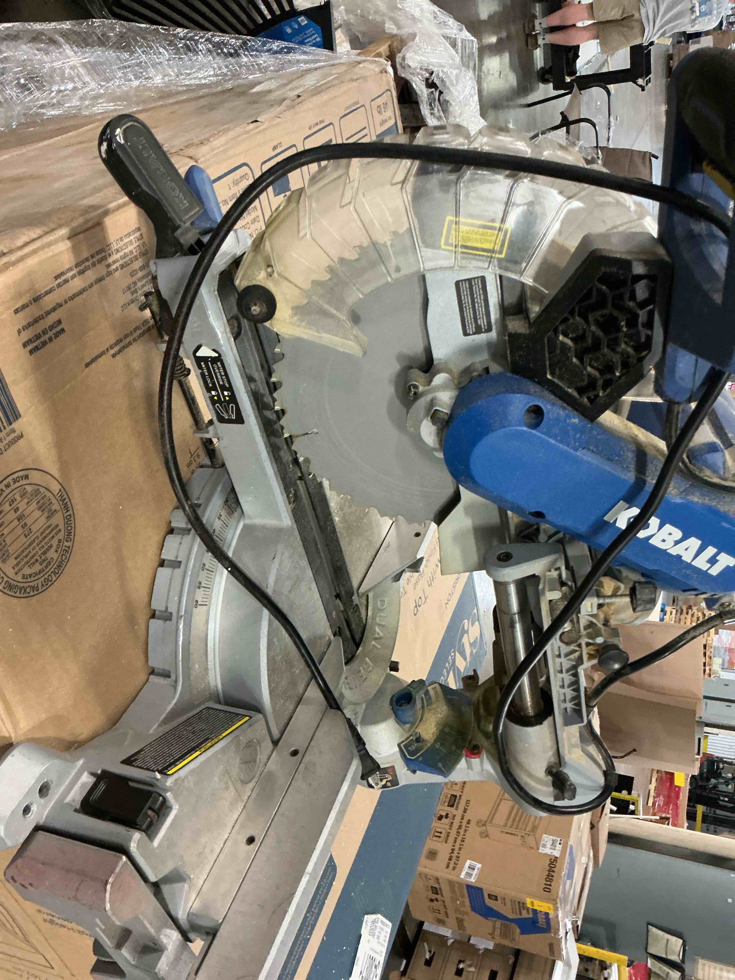 Condition photo showing As Is for kobalt 10-in 15-amp dual bevel sliding compound corded miter saw with laser guide