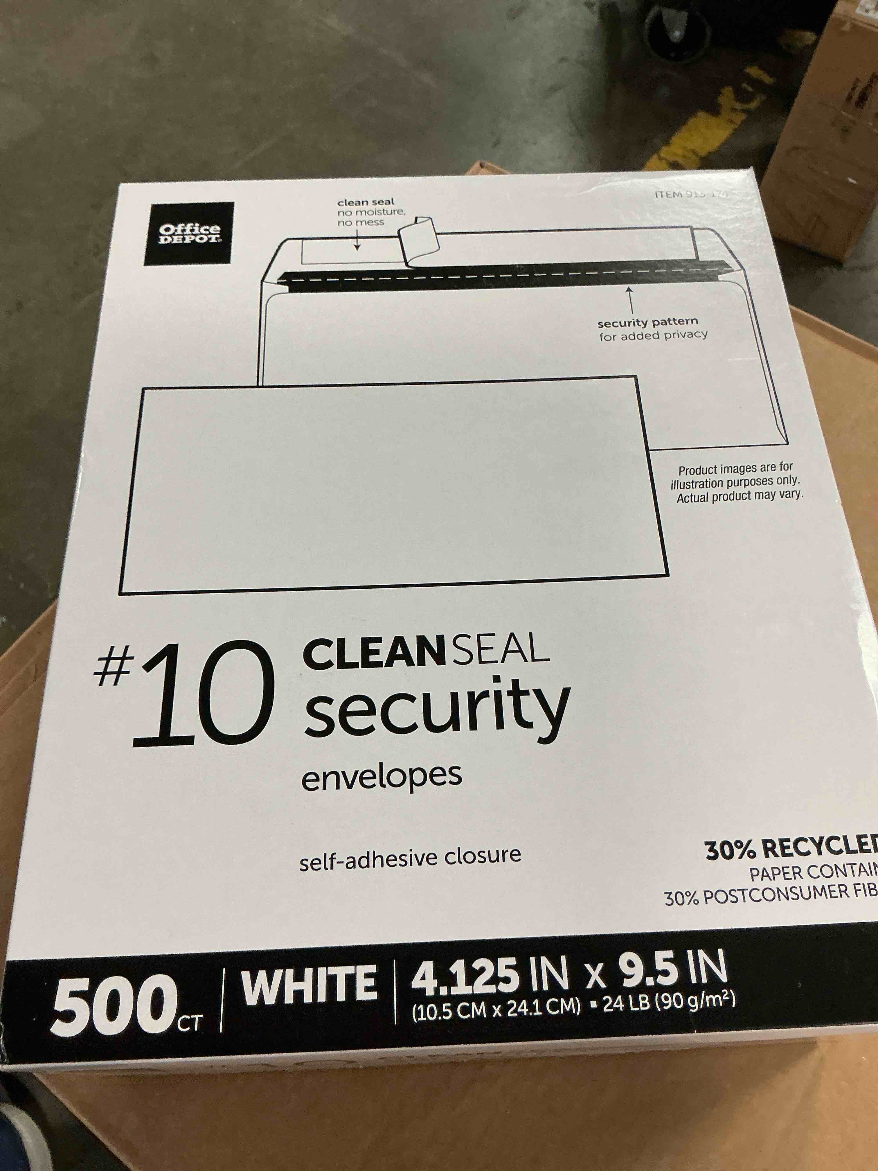 Condition photo showing Brand New for office depot(r) brand 30% recycled clean seal(tm) security envelopes, #10 (4 1/8in. x 9 1/2in.), white, box of 500