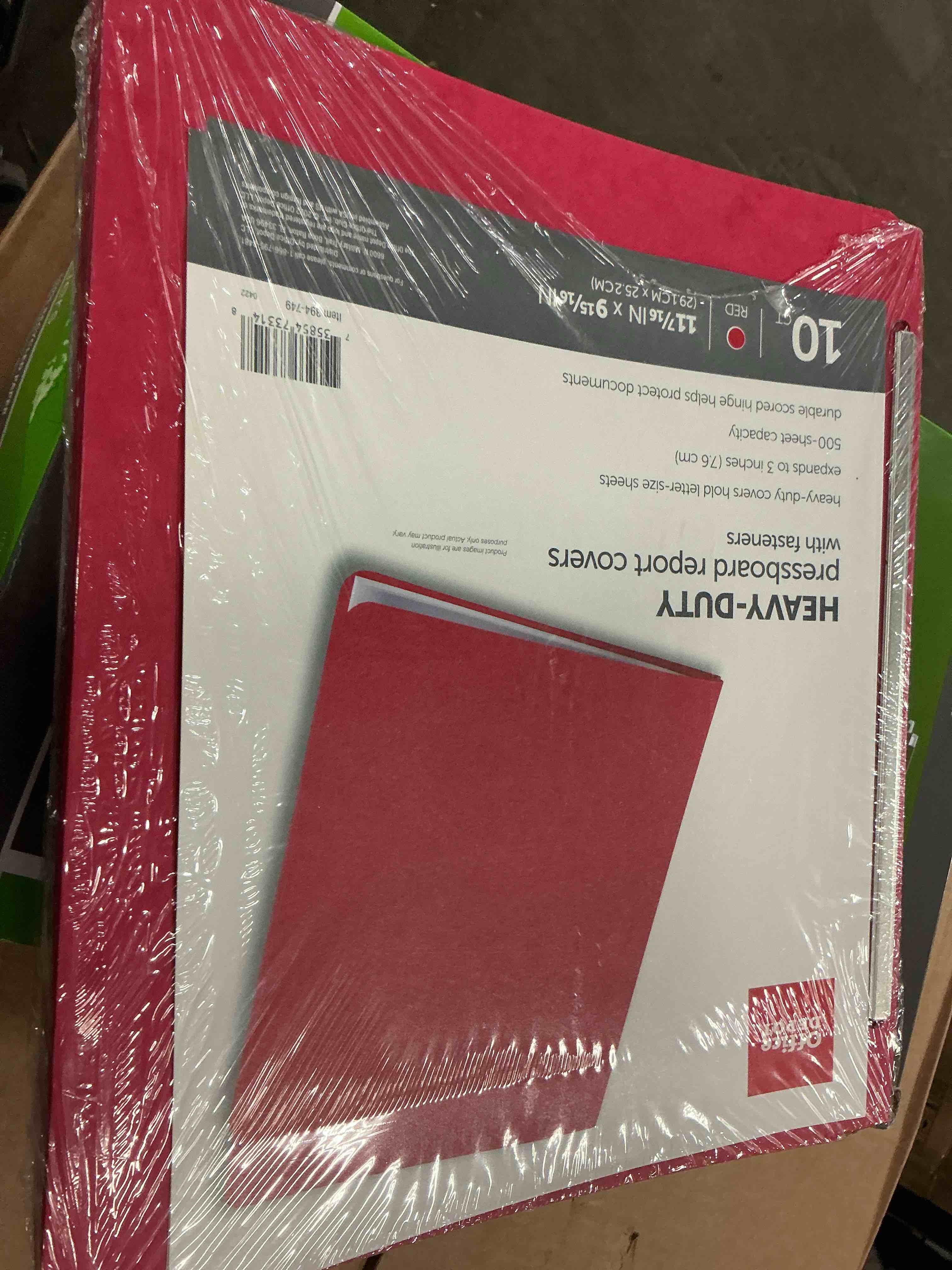 Condition photo showing Good Condition for heavy-duty pressboard report covers with fasteners heavy-duty covers hold letter-size sheets expands to 3 inches (7.6 cm) 500-sheet capacity durable scored hinge helps protect documents 10ct red 117/16 in x 915/16 in (29.1cm 25.2cm)
