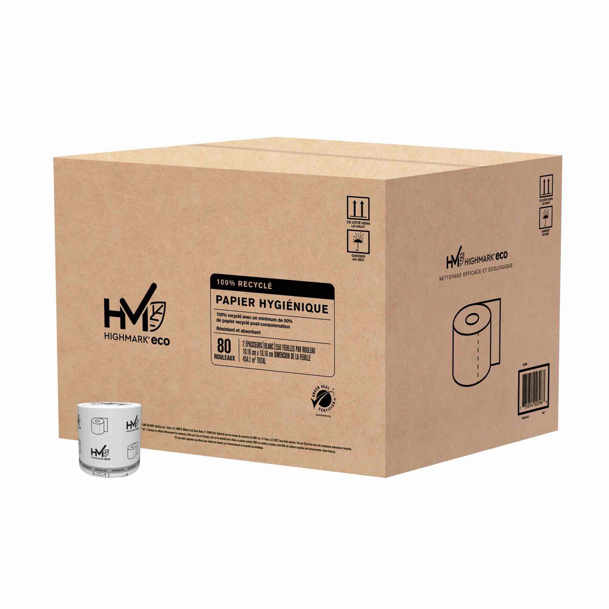 highmark 100% recycled bathroom tissue, 550 sheets per roll, case of 80 rolls