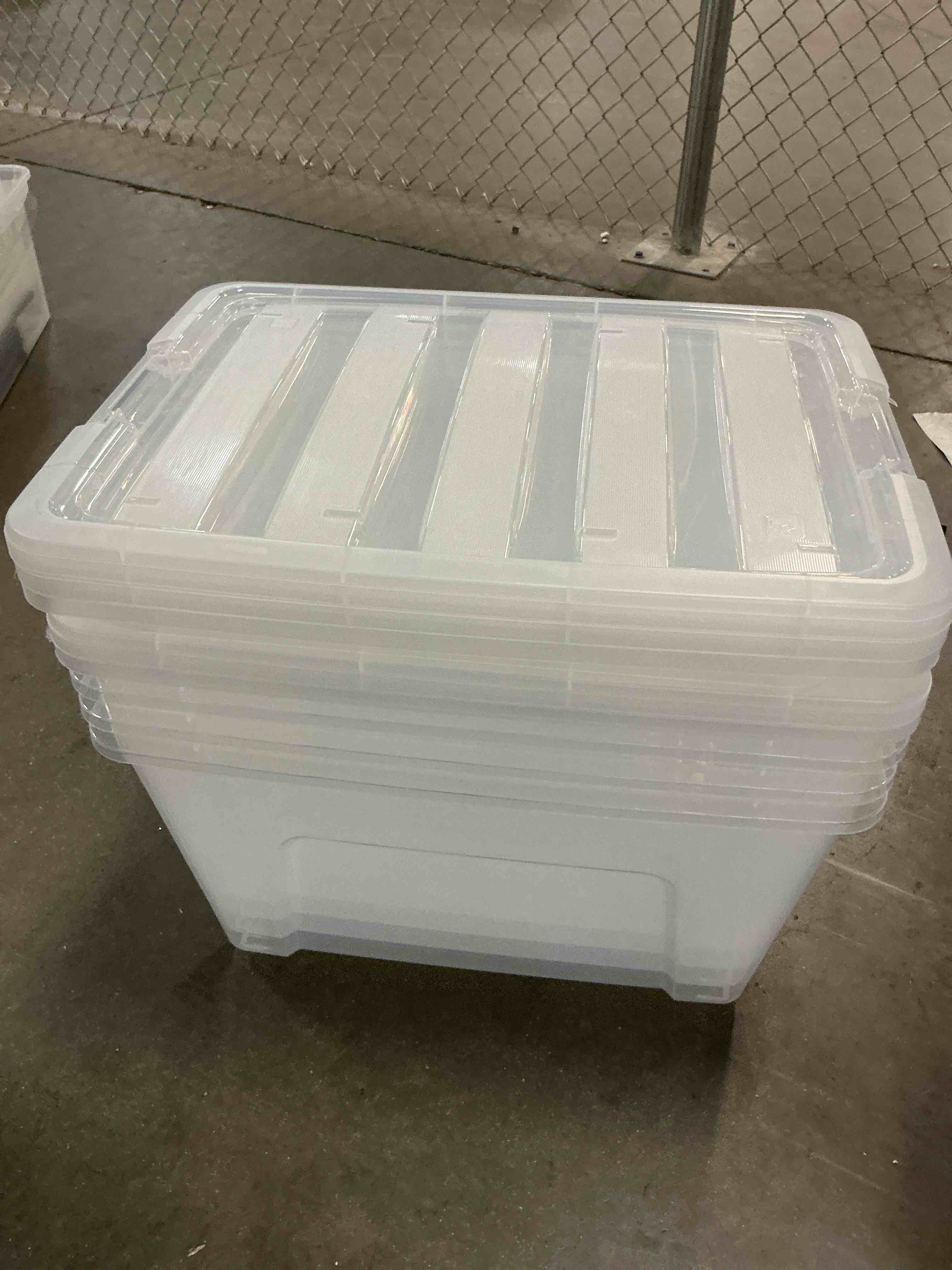 Condition photo showing As Is for iris 53 quart stack & pull box, clear 4 box 