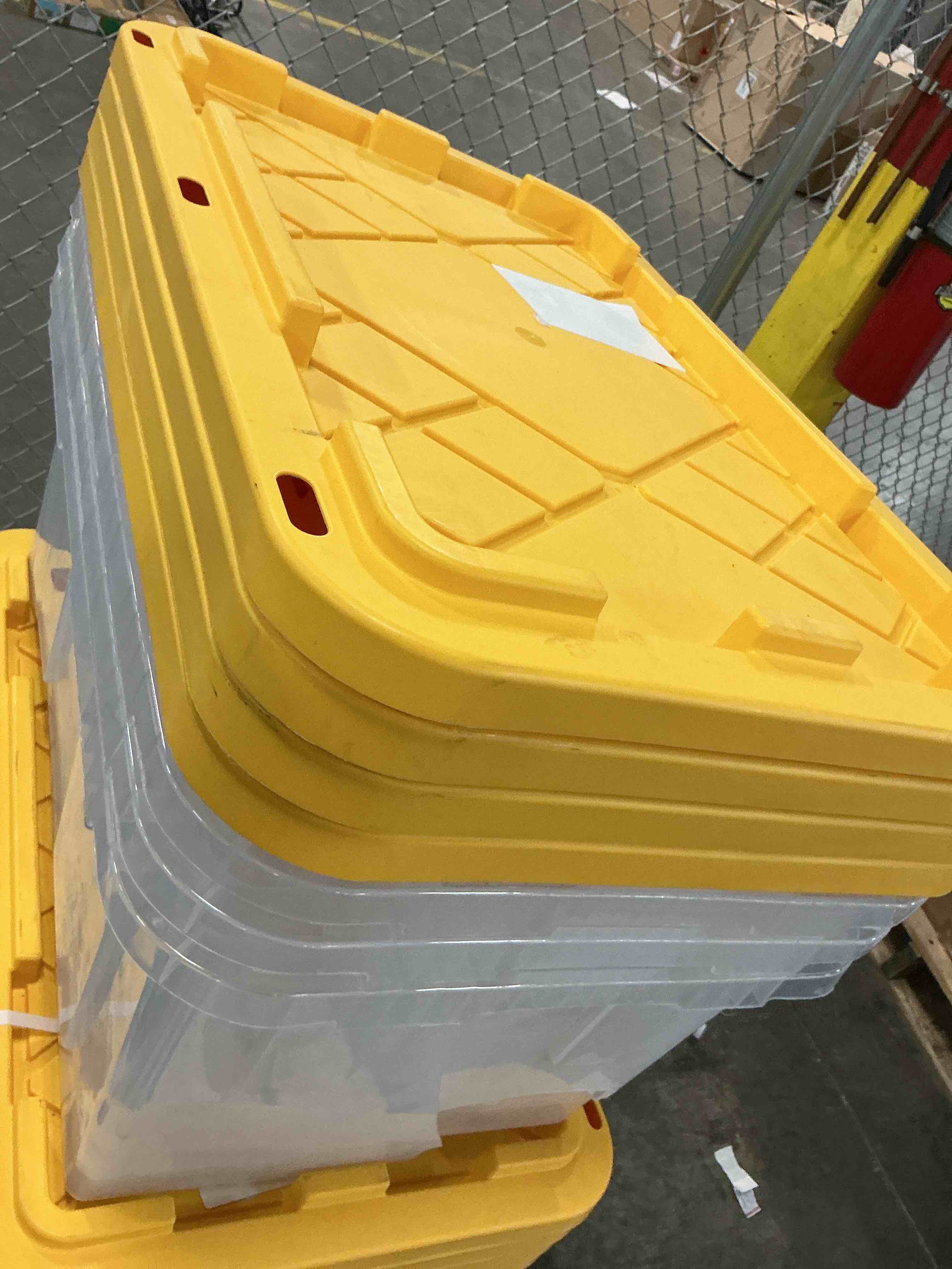 Condition photo showing As Is for office depot® brand by greenmade® professional storage totes 27 gallon 30-1/10 x20-1/4 x14-3/4 clear/yellow pack of 3 totes -