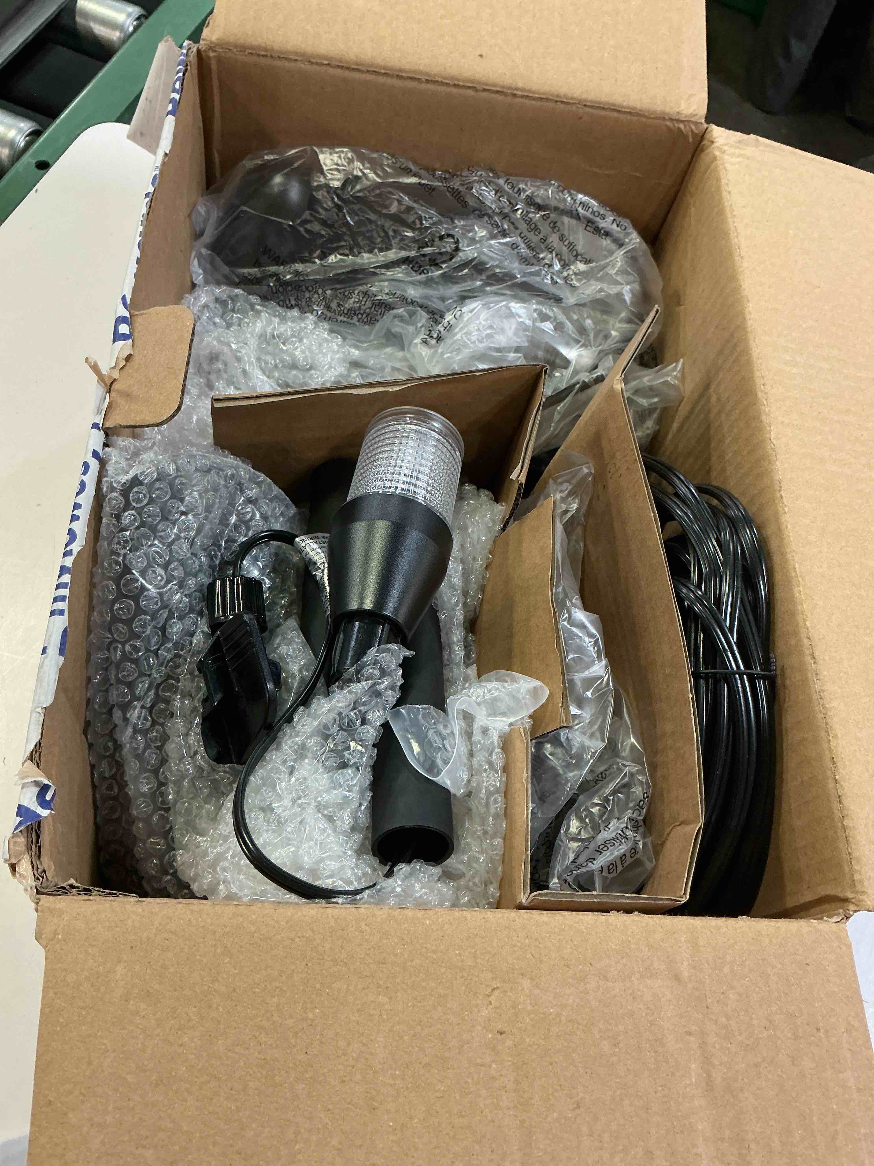 Condition photo showing As Is for harbor breeze path light 150 -lumens 35 -watt black low voltage warm white hardwired led