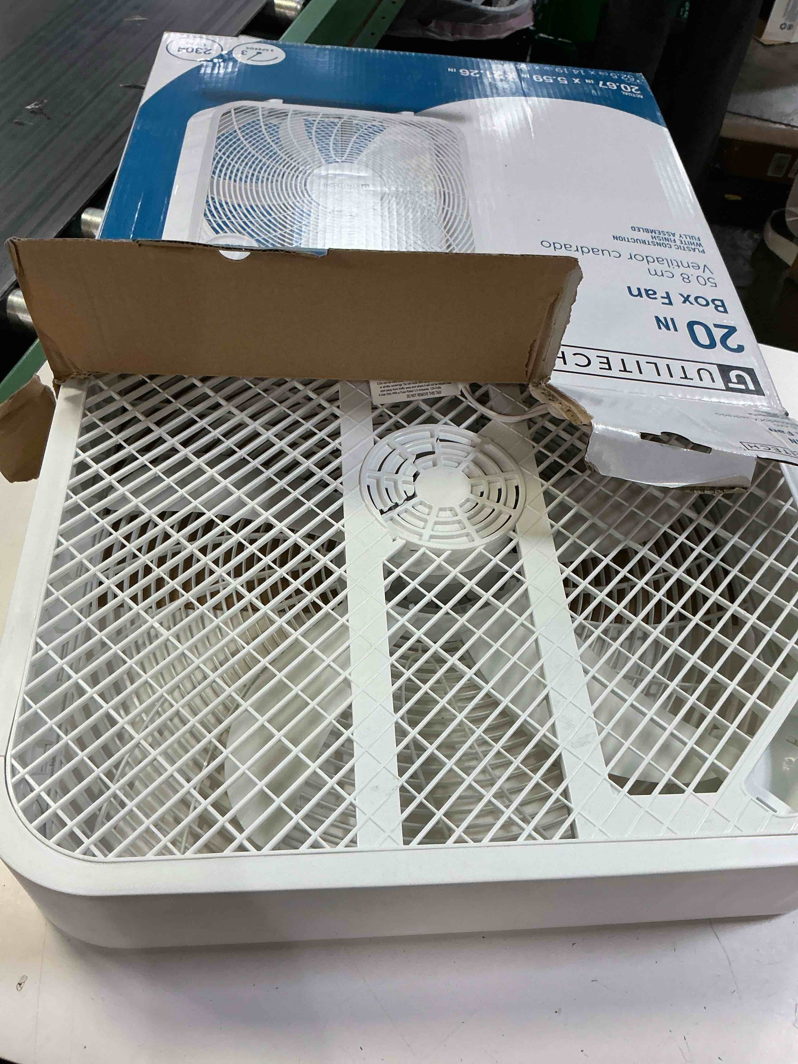 Condition photo showing As Is for utilitech 20-in 3-speed indoor box fan