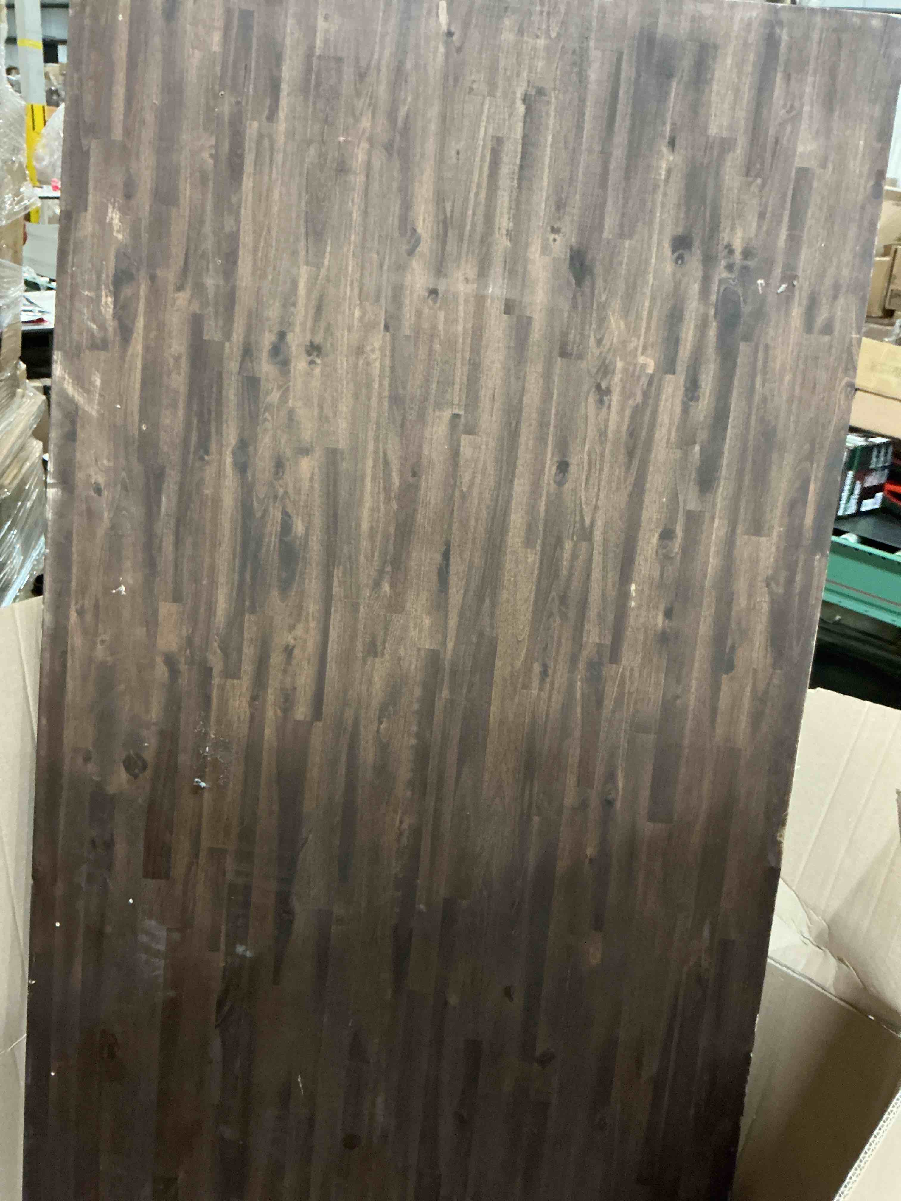 Condition photo showing As Is for allen + roth natural grain 6-ft x 39-in x 1.5-in espresso stained acacia wood butcher block countertop