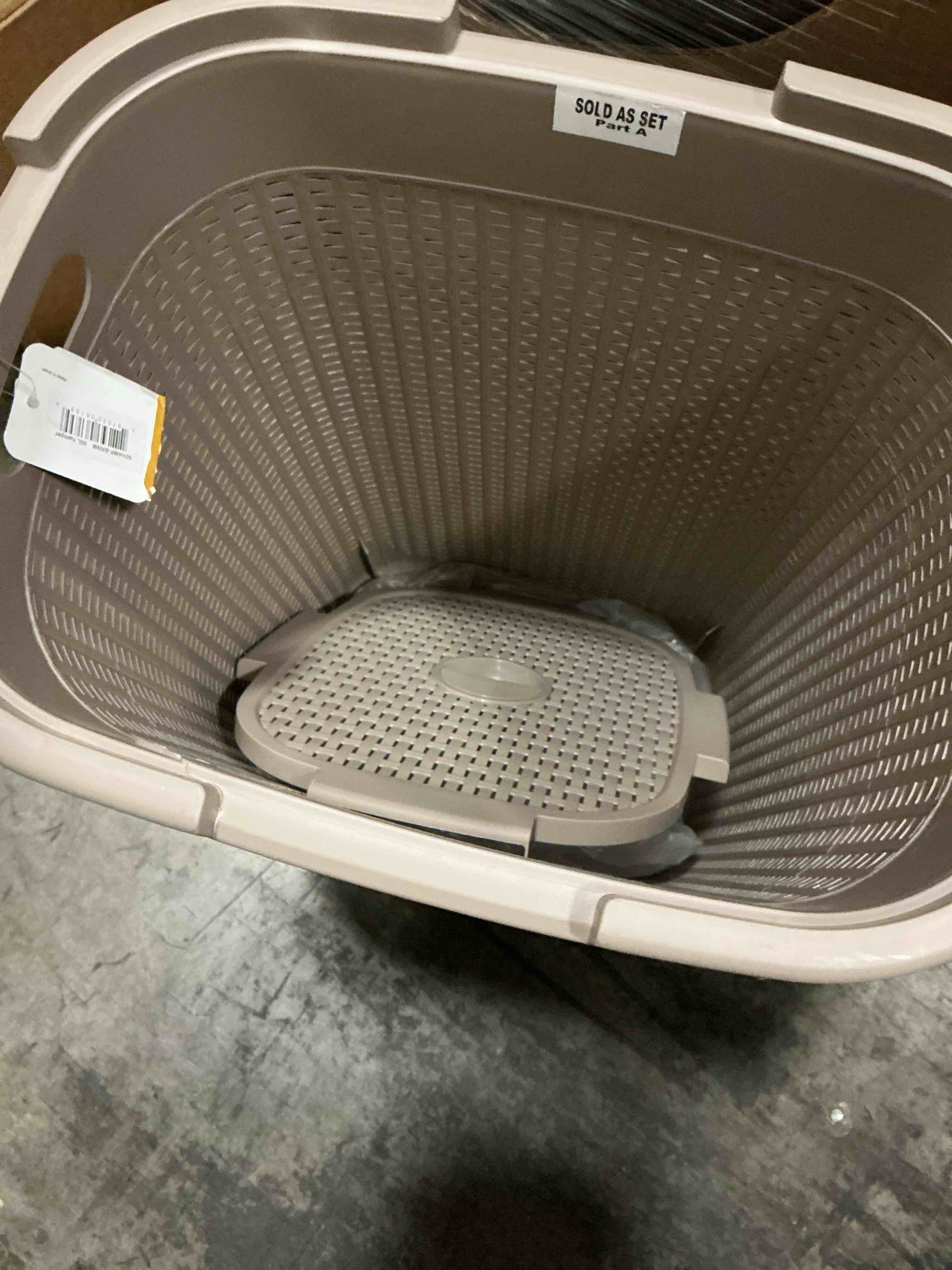 Condition photo showing As Is for mind reader slim laundry hamper with lid, 60l clothes basket, premium wicker design, plastic, tan tan single