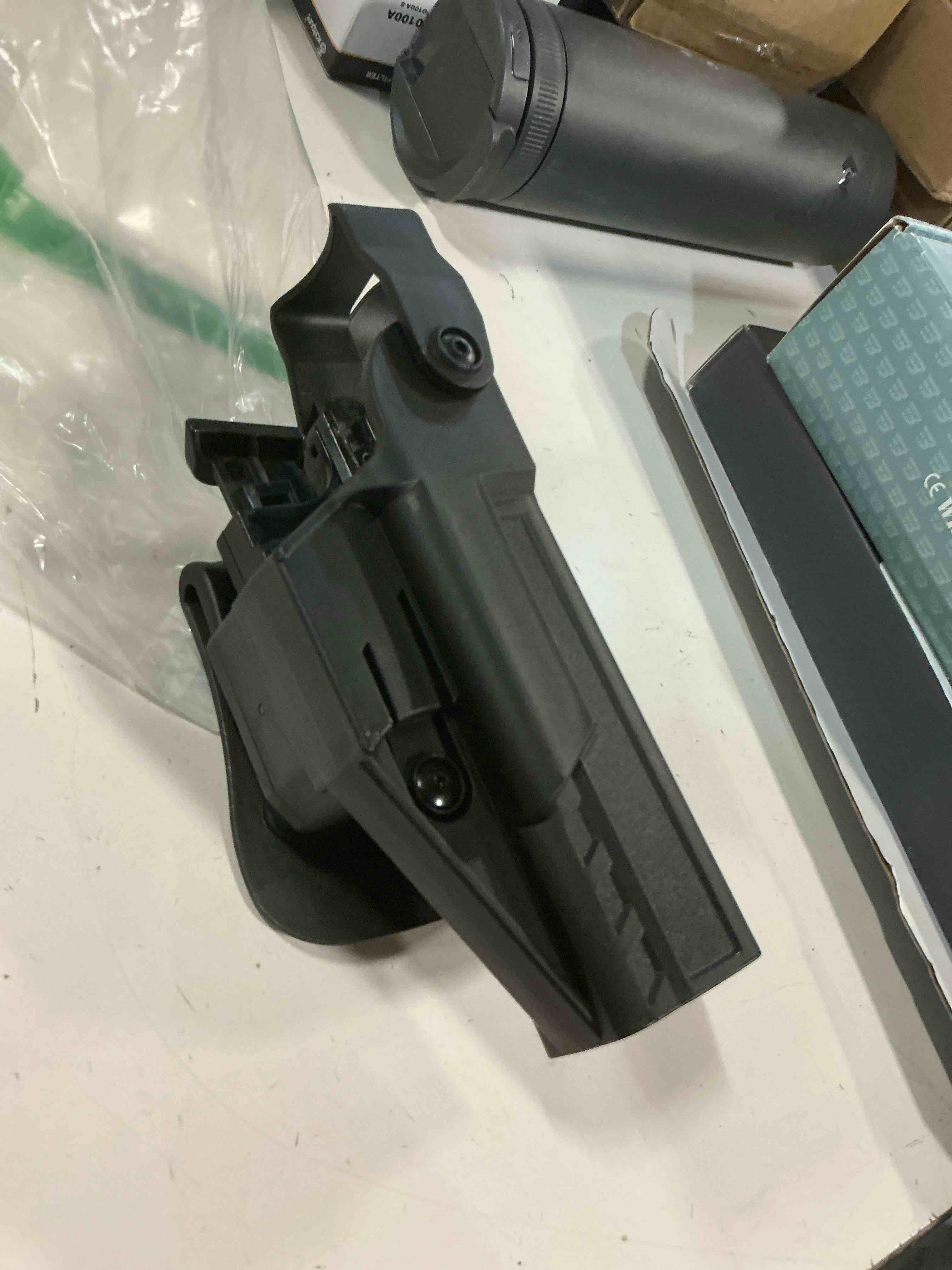 Condition photo showing Good Condition for level 3 gun holster for glock 19/17/19x gen 1-5, glock 23/32 / glock 45/44 gen1-4, adjustable rentention owb paddle pistol holster with auto lock thumb release button, open carry holster, right-handed