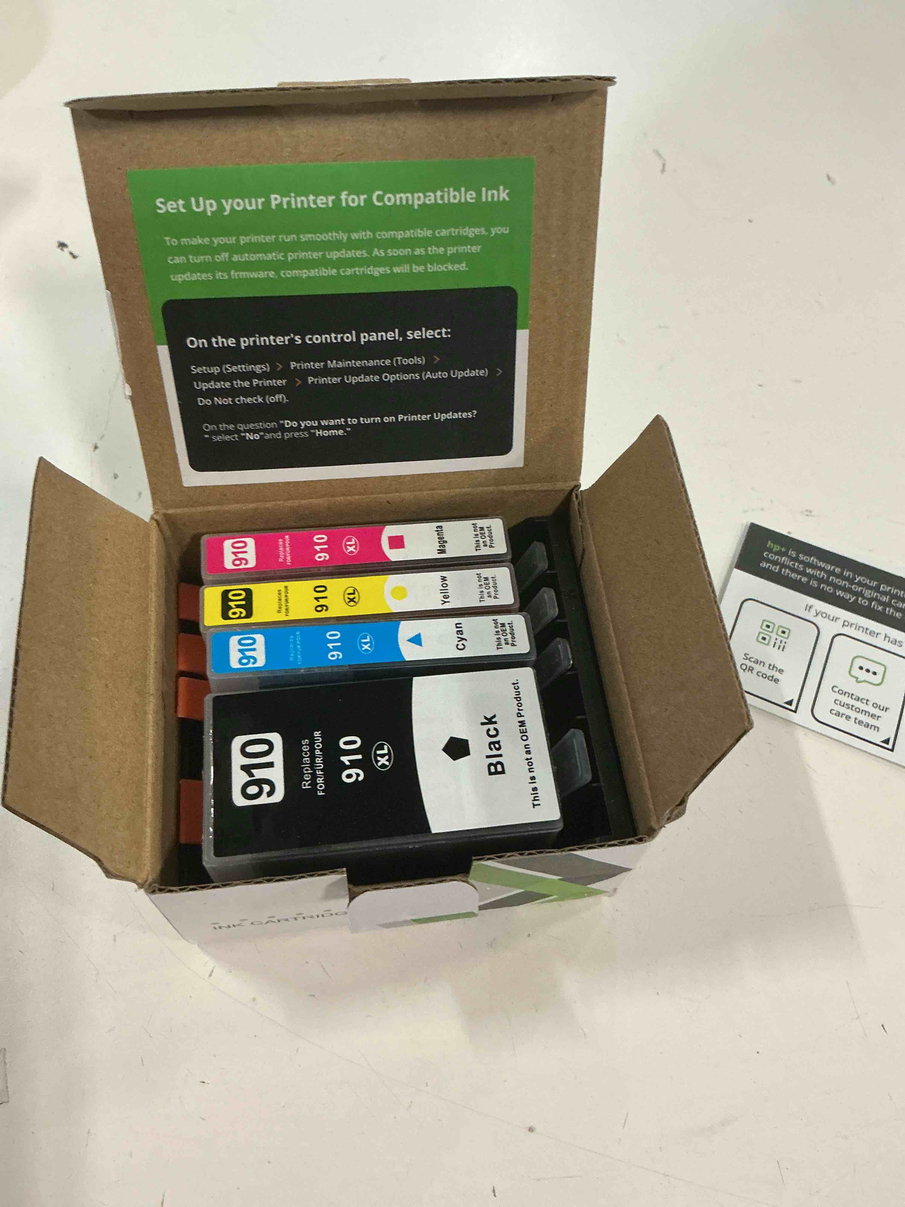 Condition photo showing As Is for ink4u 910xl ink cartridges combo pack compatible replacement for hp 910xl 910 ink cartridges to use with hp officejet pro 8020 8025 8028 8030 8035 8010 8015 8018 8022 printer (1bk/1c/1m/1y, 4 pack) 1 x black, 1 x cyan, 1 x magenta, 1 x yellow 4