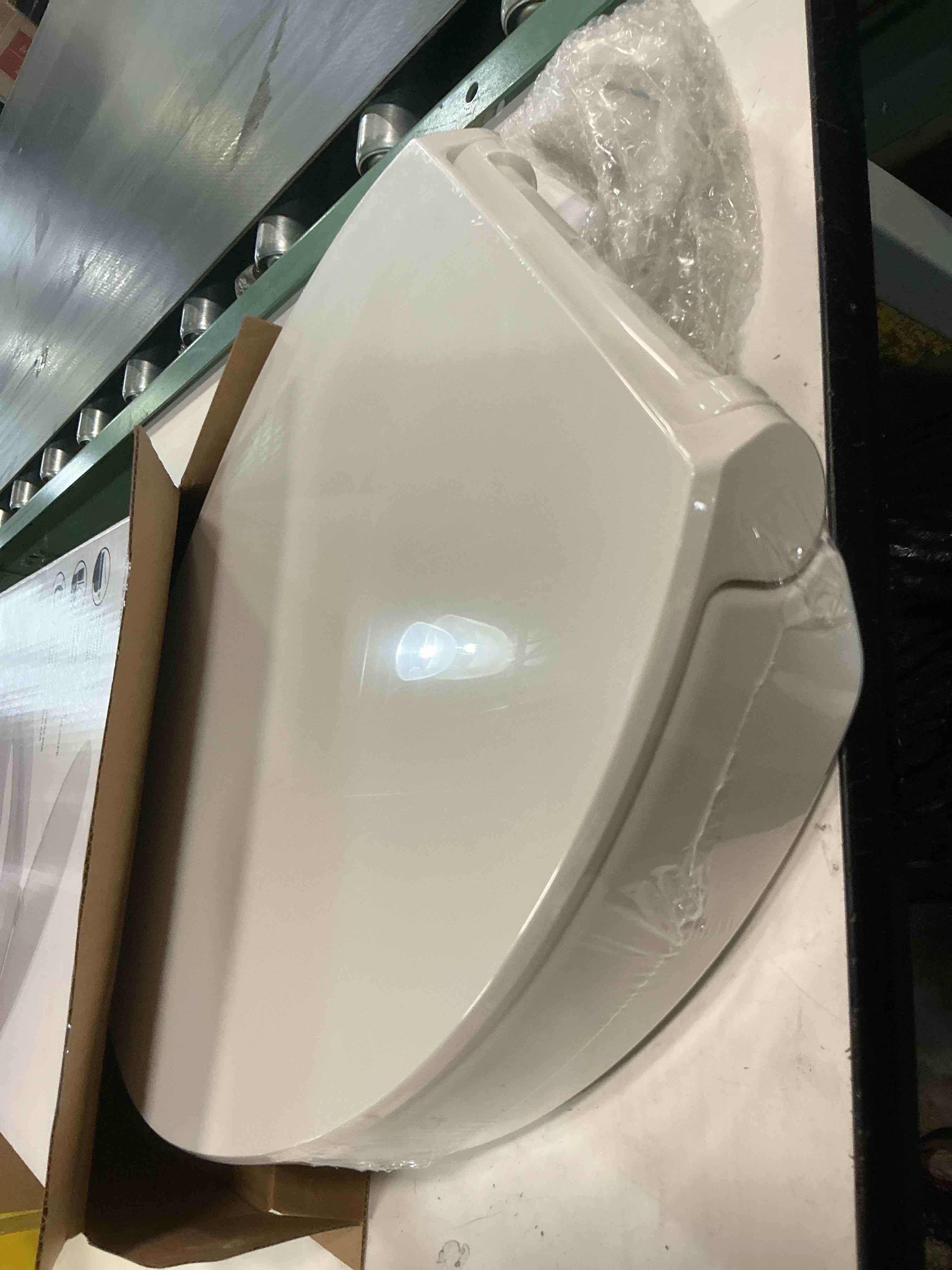 Condition photo showing New/Like New for kohler 25875-0 hyten 3" height, elevated soft close elongated toilet seat, contoured seat with grip-tight bumpers, quick-attach hardware, no slam toilet seat, white white elongated
