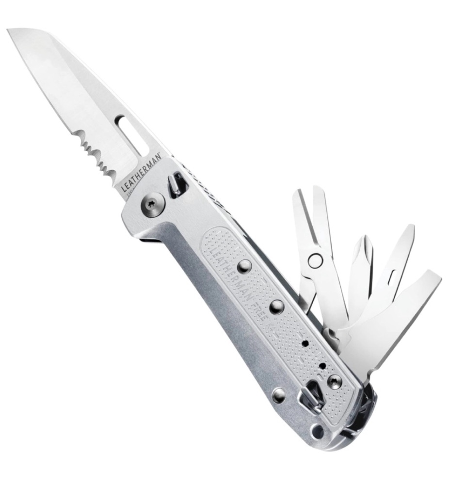 LEATHERMAN  FREE K4 EDC Pocket Multitool with Knife  Magnetic Locking  Aluminum Handles and Pocket Clip  Made in the USA  Silver (K4X with Serrated Blade)
