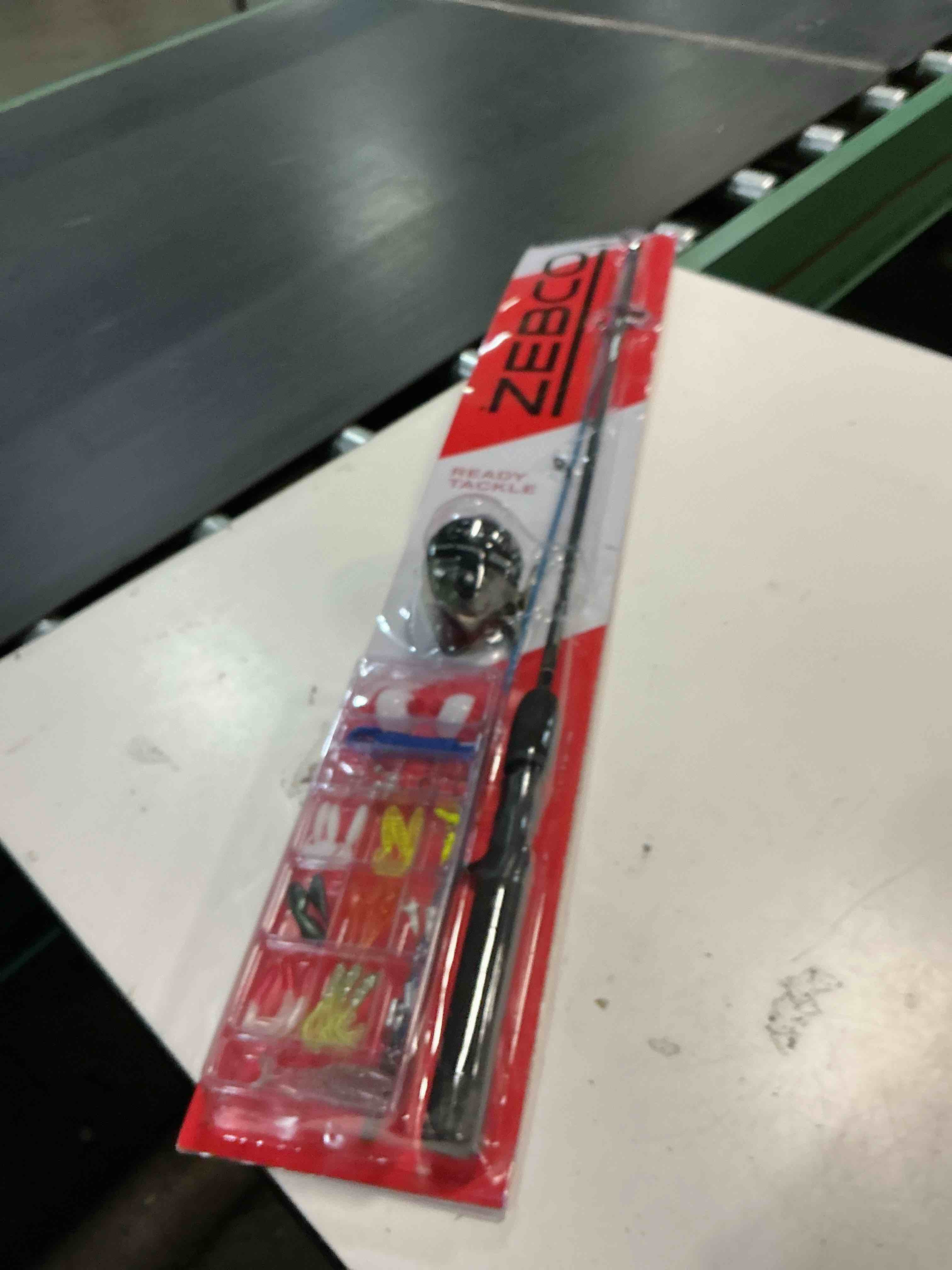 Condition photo showing As Is for zebco ready tackle spincast reel and fishing rod combo, durable fiberglass rod with eva handle, quickset anti-reverse reel, pre-spooled with 10 lb zebco line, includes tackle pack 2pc rod - with 45pc tackle