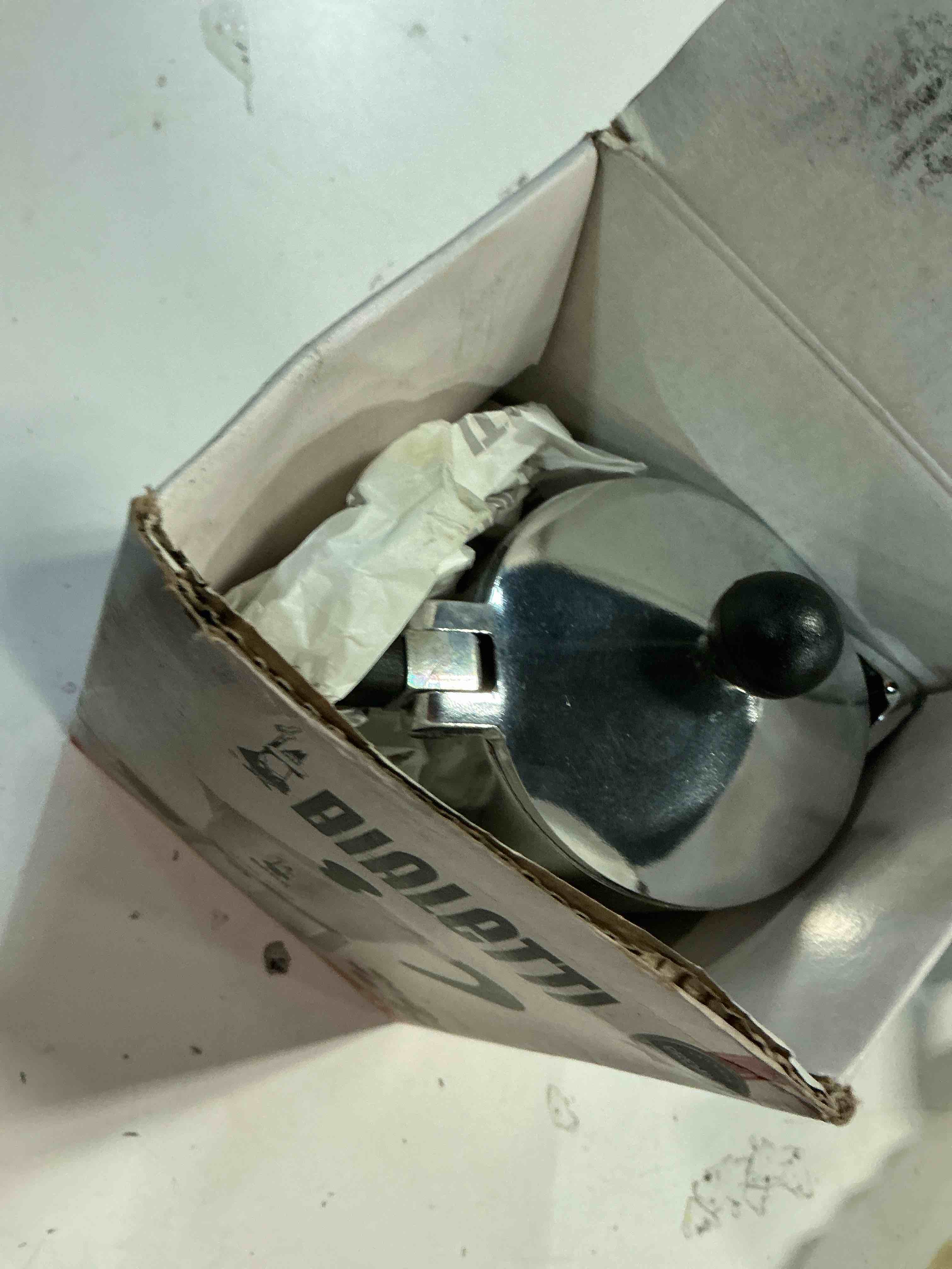 Condition photo showing As Is for bialetti 3 cup moka stovetop espresso maker - silver: aluminum, manual, hand wash, glossy, ground coffee, mesh filter