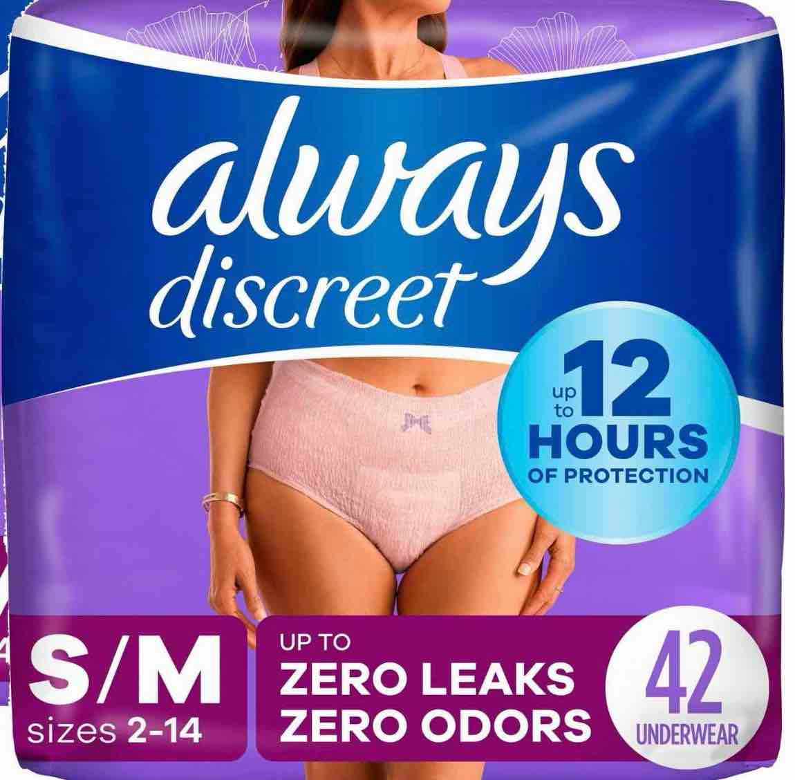 (size:s/m)42 count, always discreet adult incontinence underwear for women and postpartum underwear, s/m, up to 100% bladder leak protection, 42 count (packaging may vary)