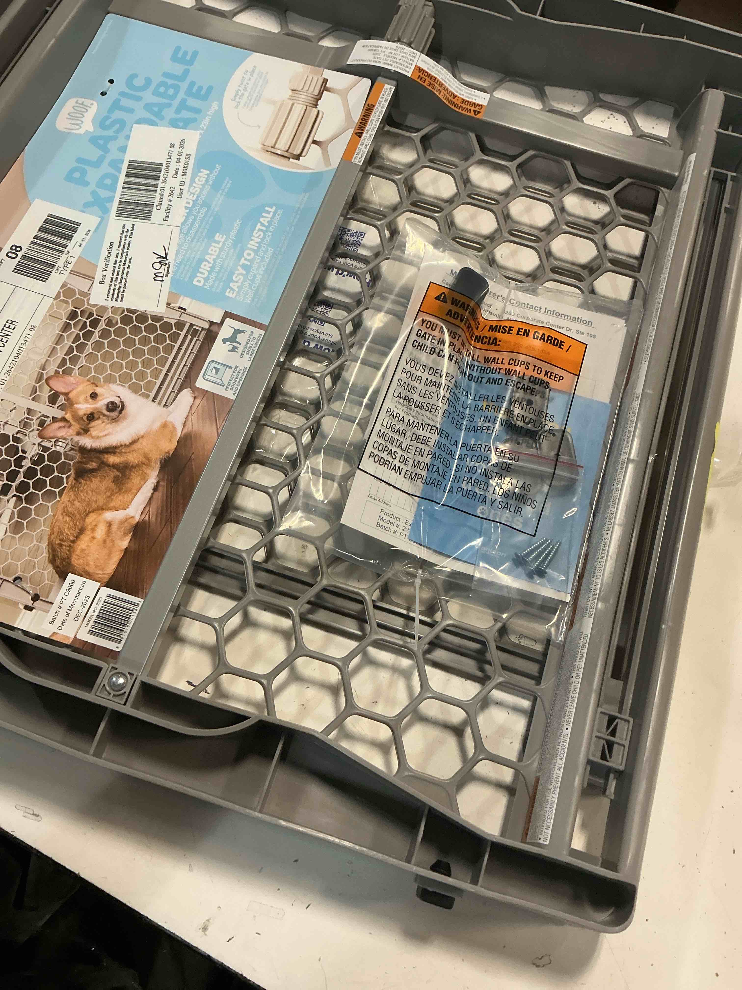 Condition photo showing Good Condition for carlson pet easy fit portable pet gate, fits openings 28-42" wide, 23" tall, rubber pads to protect walls, durable dog gate for doorways, patented pressure mount ensures perfect fit 28-42" wide, gray 23" tall, 28-42" wide