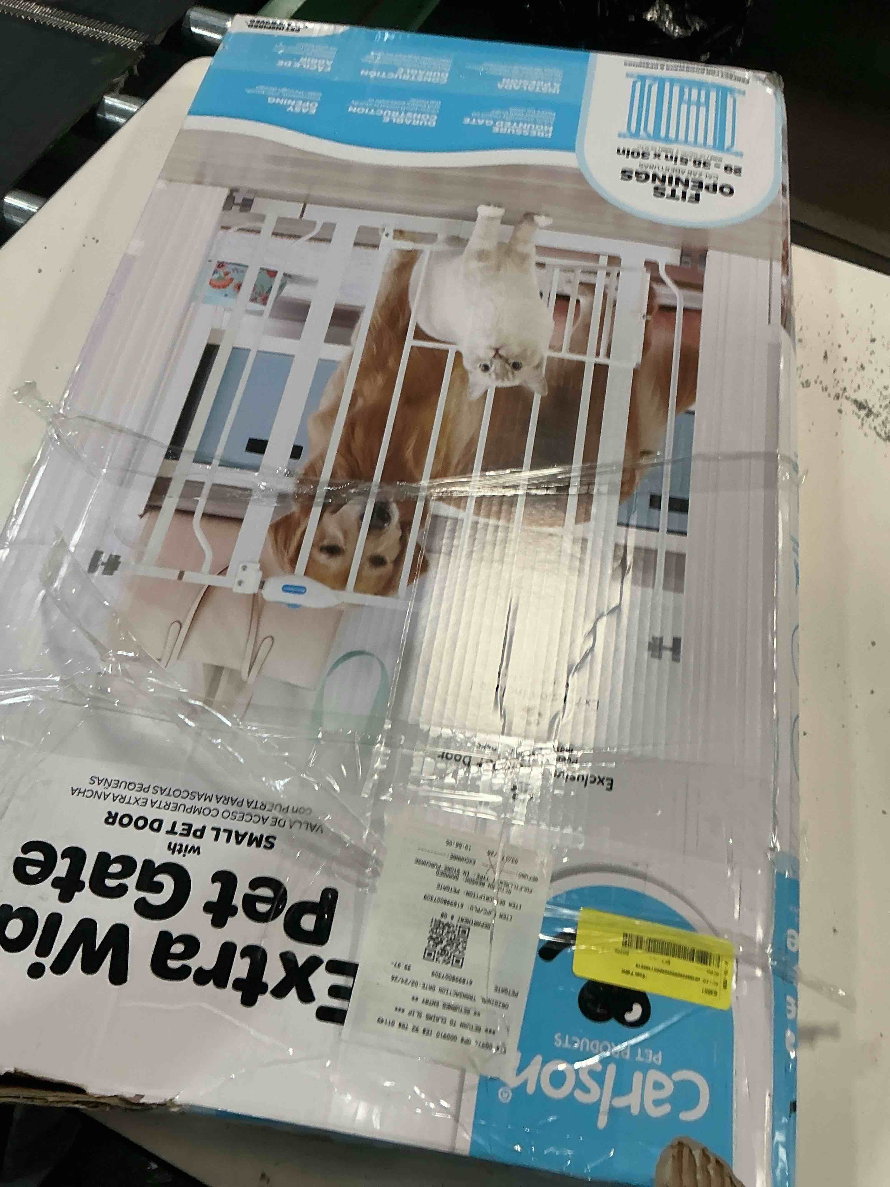 Condition photo showing As Is for carlson pet products 31 h extra-wide walk through metal dog pet gate with additional small door white