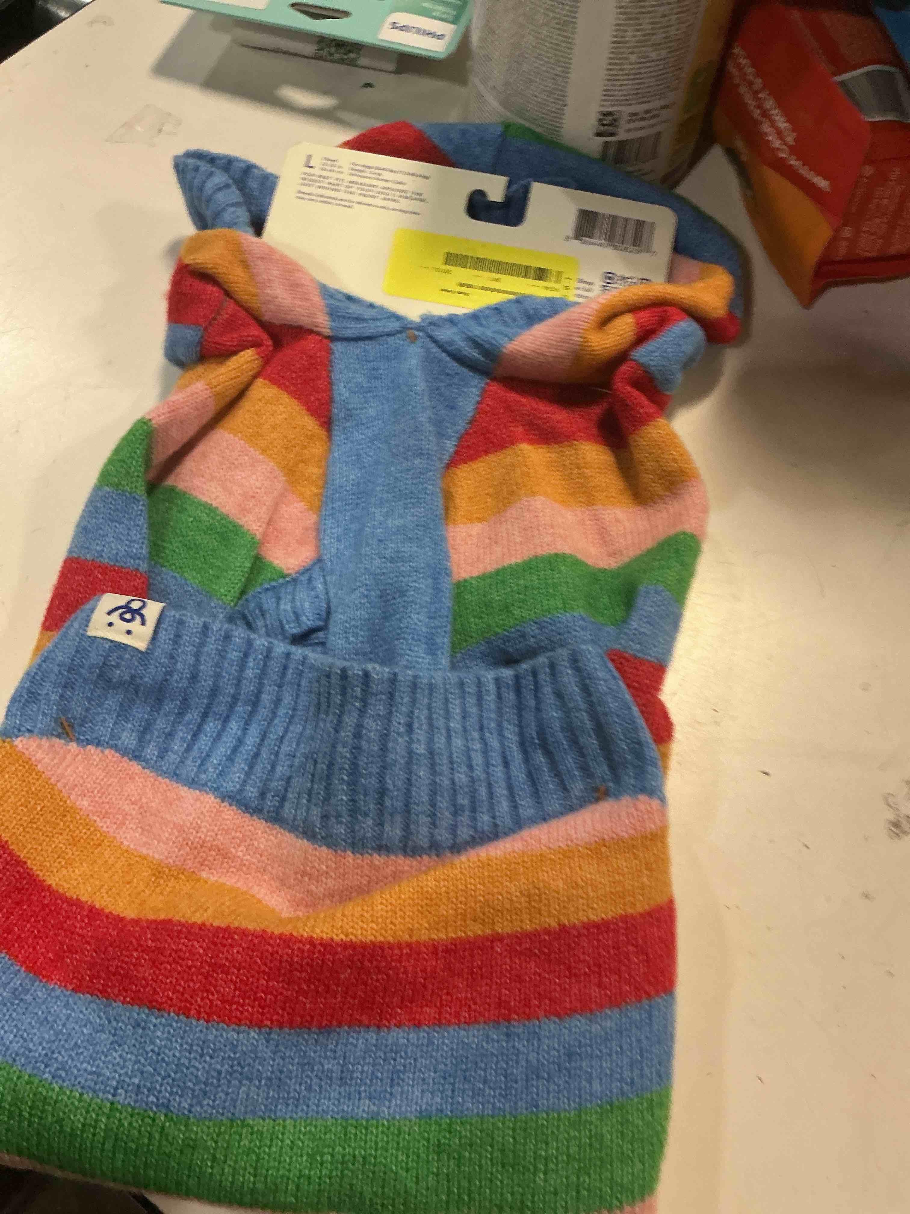 Condition photo showing Good Condition for oodles multicolored rainbow striped hooded fall dog sweater large