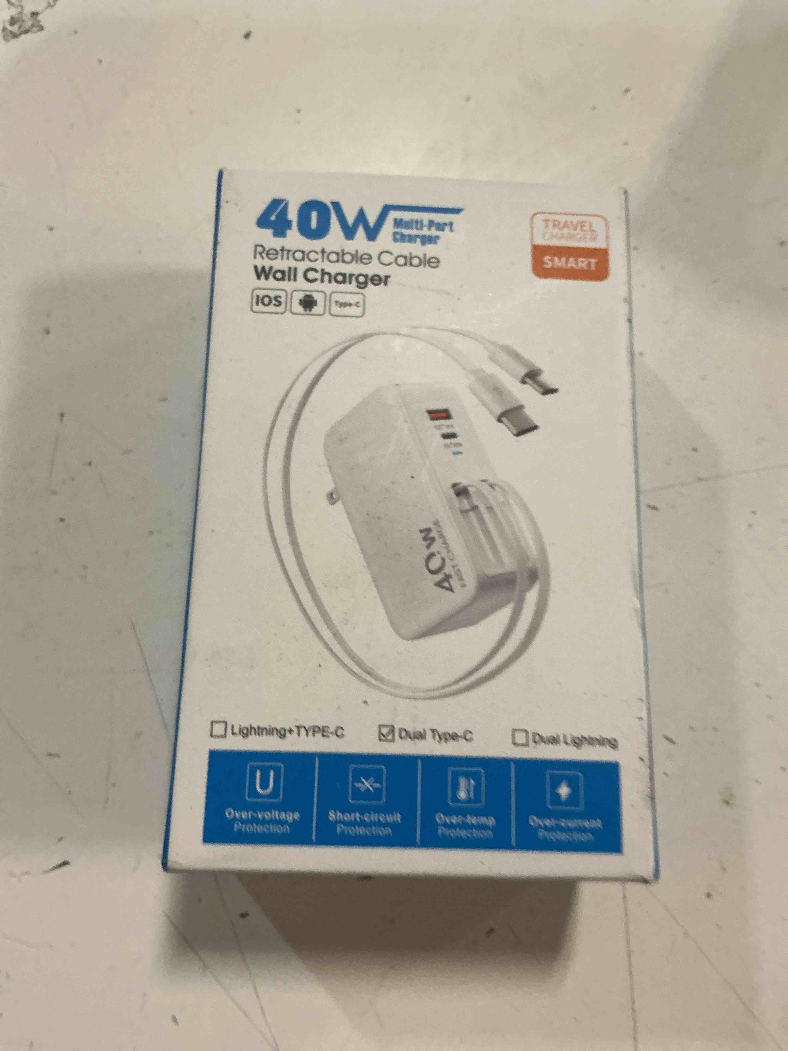 Condition photo showing Good Condition for retractable usb c charger wall plug with dual 35.5in/90cm type c cables cords,40w fast charging foldable block multi charger for all devices for iphone 17/16/15/14/13/12,ipad,galaxy,pixel dual type-c cables white