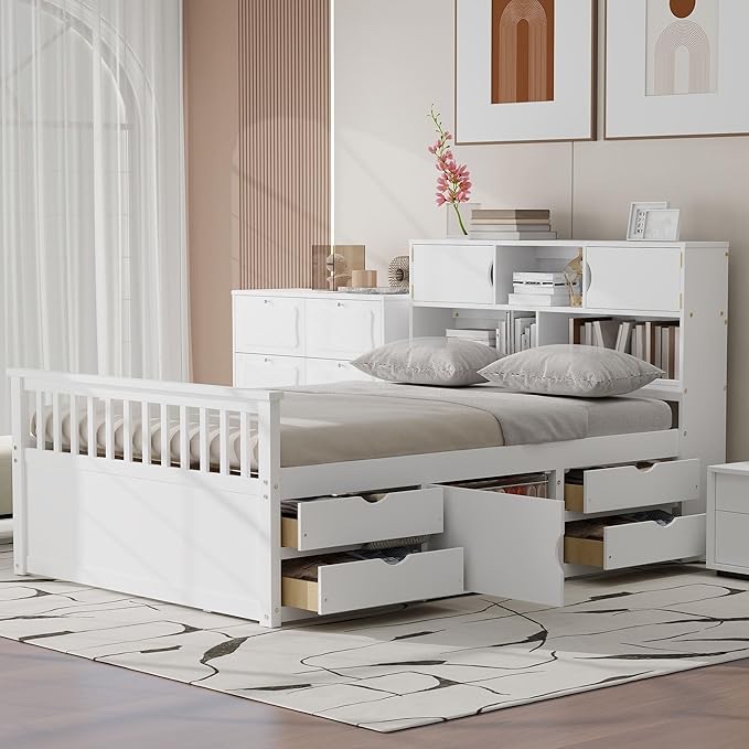MEGA INCOMPLETE RuiSiSi Full Bed Frame with Bookcase Headboard, Captain Platform Bed Frame with 4 Drawers, Storage Shelves and Cabinets, No Box Spring Needed, White