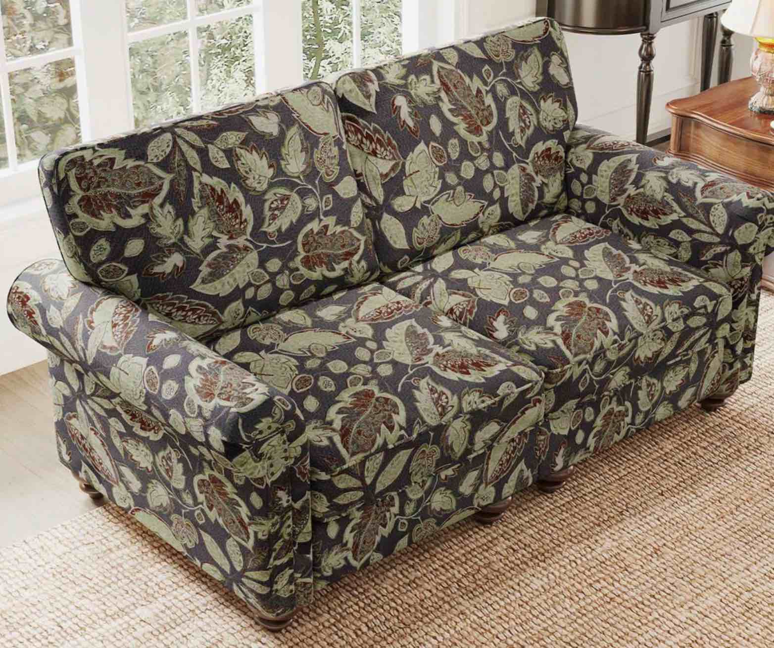 INCOMPLETE BOX 1 of 2 Clearance - Vintage Floral Printed 2-Seat Sofa Roll Armrest Classical Loveseat With Gourd Solid Wood Legs
