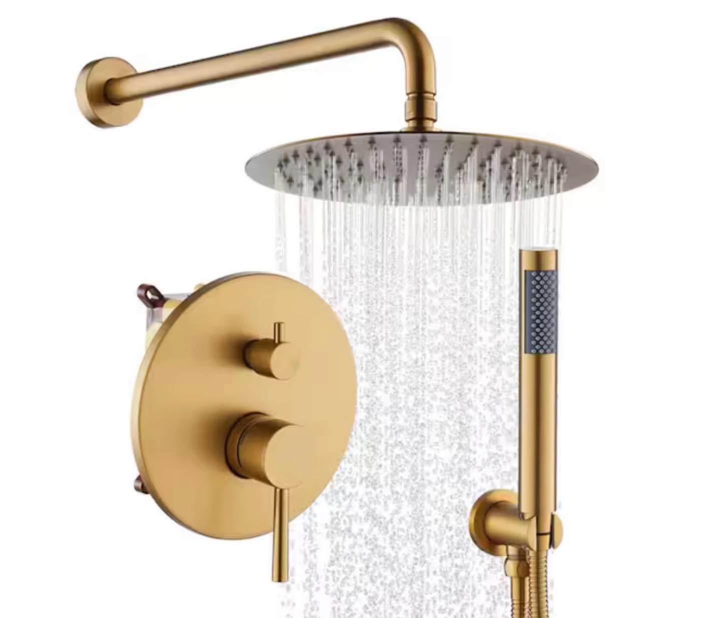 2-Spray Patterns Round 2-Function 10 in. Wall Mount Dual Shower Heads with Handheld 2.5 GPM in Brushed Gold