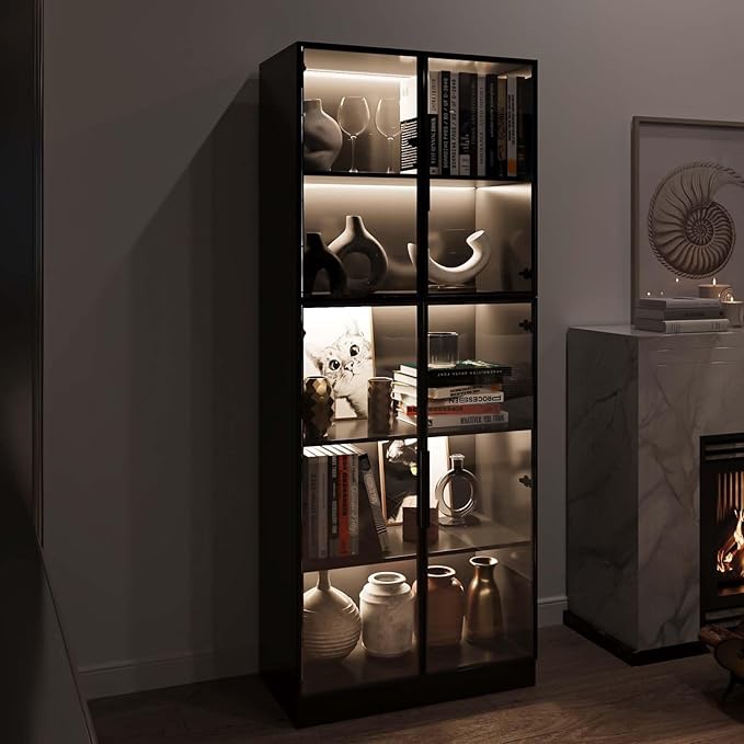 78.7" Tall Display Cabinet with Glass Doors and LED Light, Black Curio Cabinets, Bookcase with 5-Tier Shelves, Trophy Glass Display Case for Collectibles