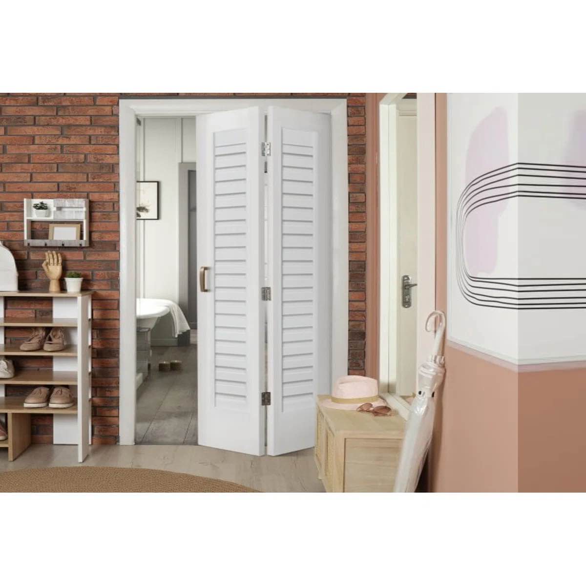 White Primed Smooth Solid Wood Core Shadow Louver Bifold Door 30” x 80”