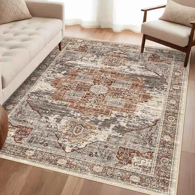 4x6 Living Room Area Rugs - Washable Area Rug Soft Stain Resistant Carpet Vintage Lightweight Ultra-Thin Rugs for Bedroom Kitchen entryway with Non Slip Backing Home Decor Small Mat 4X6 Brick