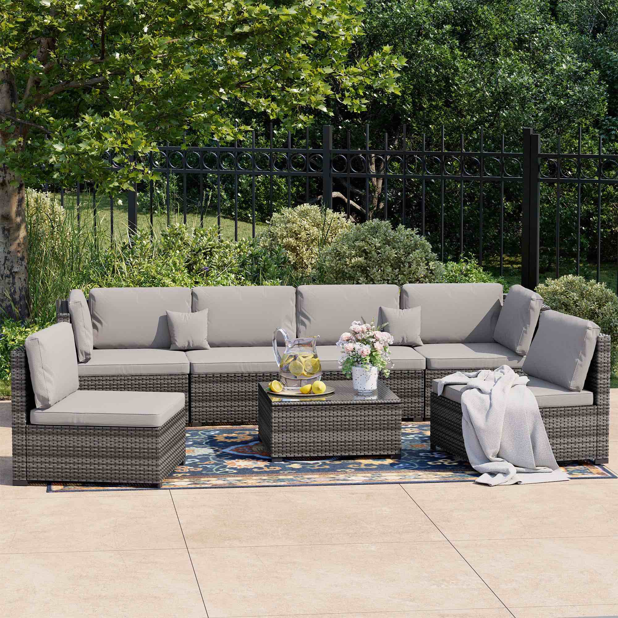 (incomplete box 2/3) 7-Piece Outdoor Rattan Sectional Sofa Set with Cushions & Table