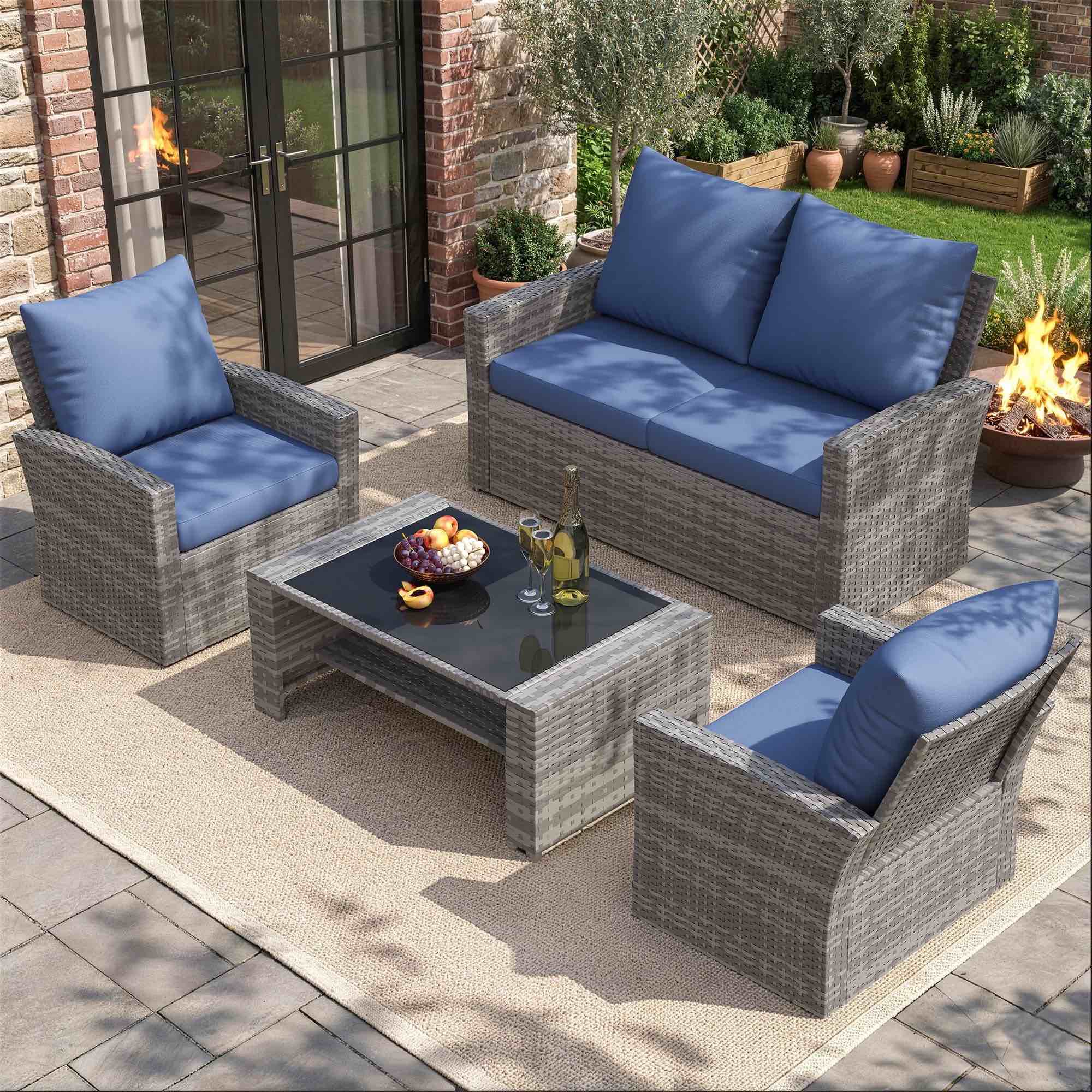 ( incomplete box 3/3) UDPATIO 4 Piece Outdoor Sectional Conversation Sets? Wicker Patio Furniture Set with Gray PE Rattan Patio Sofa Set for Balcony, Porch, Backyard, Blue