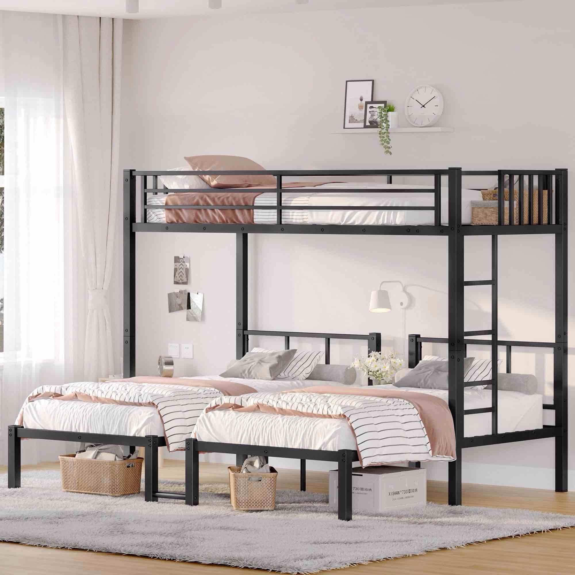 (incomplete only 1 box ) Triple Bunk Bed Metal Frame, Twin over Twin & Twin XL Convertible Bunk Bed for 3, Detachable into 3 Separate Beds, with Safety Guardrails, Black