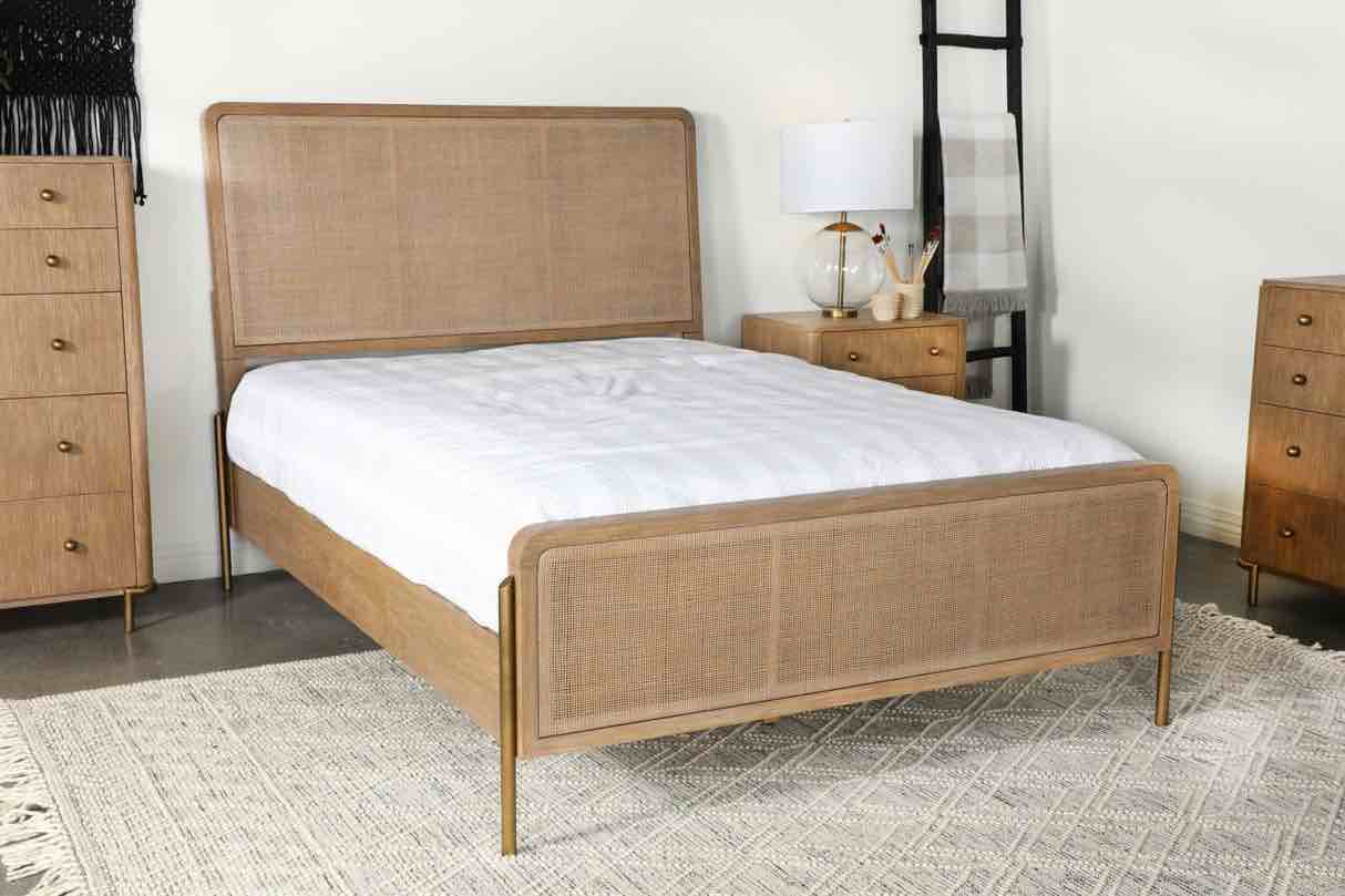 ((incomplete box 1/3)) Arini Sand Wash and Natural Cane Upholstered Eastern King Panel Bed 