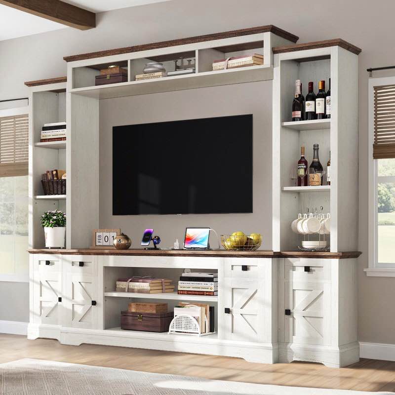 ((incomplete box 2/2)) Donyell Farmhouse 98"W Wall Unit Entertainment Center For Tvs Up To 70",White