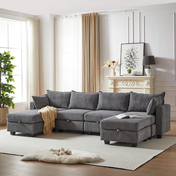 ((incomplete)) similar photo)) 6 PCS Modular Sectional Sofa Couch Set,6 Seat Convertible Corduroy Sofa Bed with Storage Seats & 2 Storage Ottomans,DARK GREY