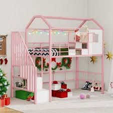 Harper & Bright Designs Pink Twin Size Metal House Loft Bed (incomplete)