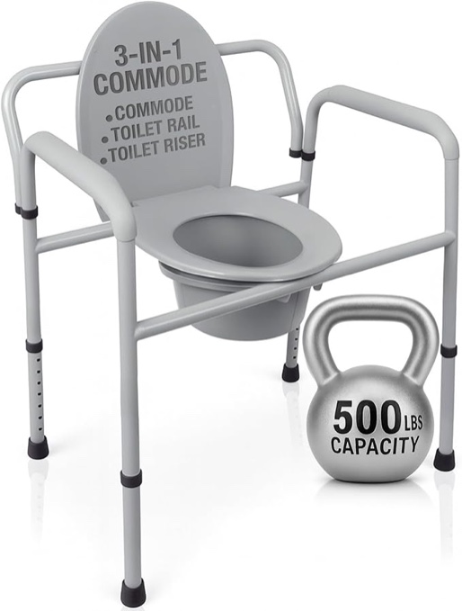 Vive Bariatric Bedside 3-in-1 Commode 500 lb Capacity - Portable Folding Toilet Chair - Adjustable Height, Extra Wide Seat - Bucket Splash Guard Heavy Duty Adult Bathroom, Pail Fits Standard Liner Bag