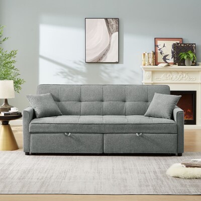 LOVMOR 74inch Convertible Sleeper Sofa Fabric Dark Grey Couch with Chaise Pillows