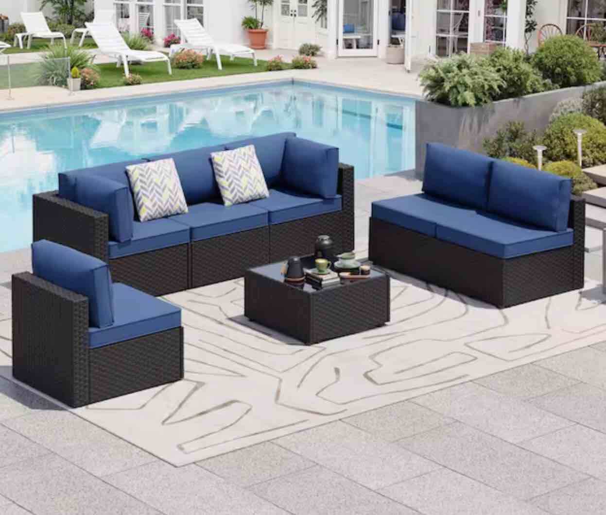 (( incomplete only 1 box )) 7-Piece Wicker Outdoor Sectional Sofa Set with Navy Blue Cushions