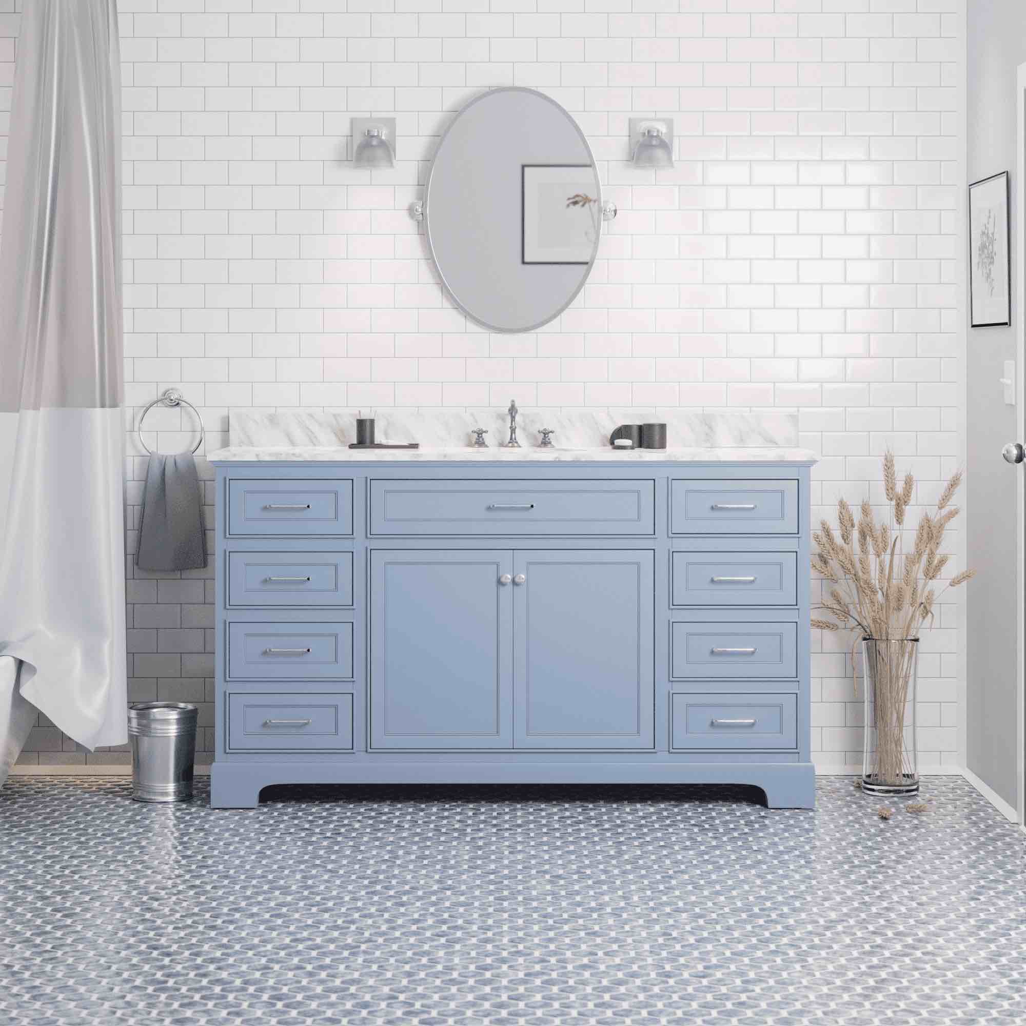 Aria 60" Single Bathroom Vanity with Powder Blue Cabinet and Carrara Marble Top