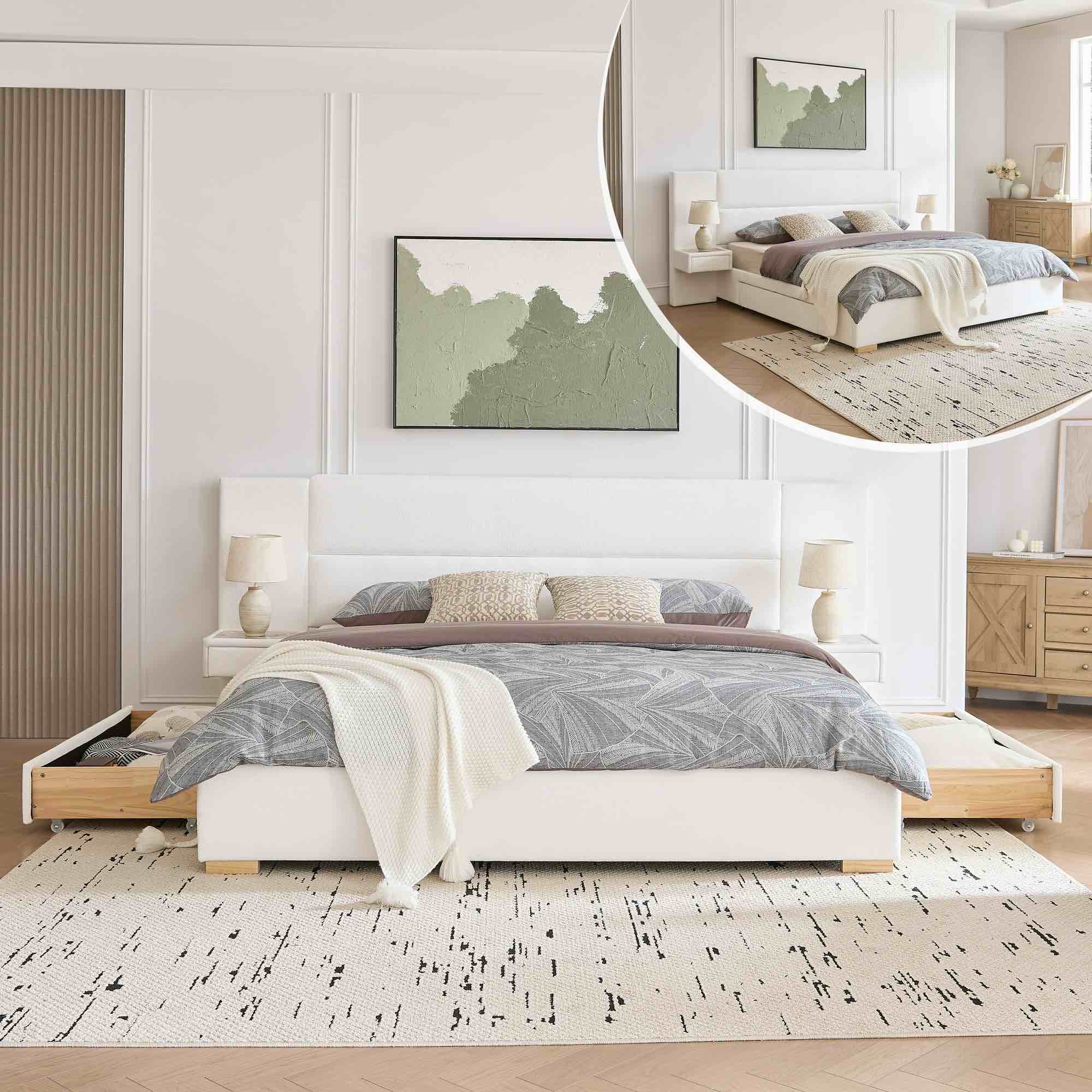 ((incomplete only 1 box )) King Size Bed Frame Upholstered Platform Bed with Two Large Storage Drawers, Linen Fabric, Wooden Slat Support, Mattress Foundation, No Box Spring Needed, Noise-Free, Easy Assembly, White