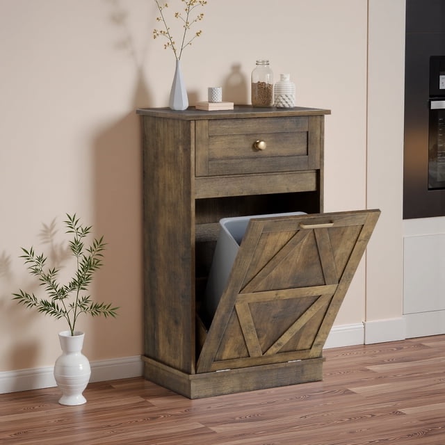 Homall 10 Gallon Tilt Out Wooden Trash Cabinet with Drawer, Garbage Recycling Trash Can for Kitchen Storage Cabinet for Laundry, Brown