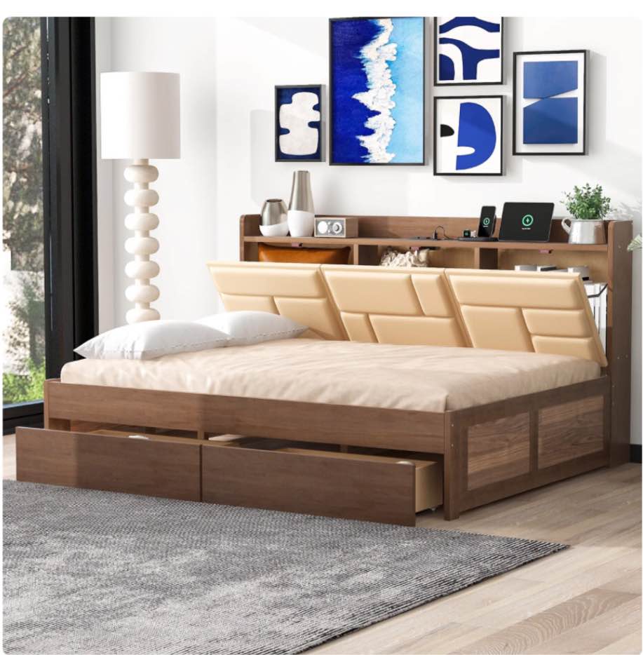 ((incomplete box 2/2)) Full Size Wood Daybed with Upholstered Storage Shelves USB Ports and 2 Drawers Wood Color